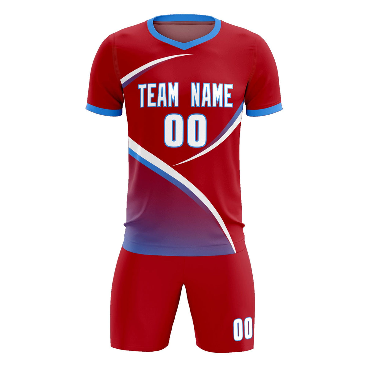 Custom Red Powder Blue Color Block Training Uniform For Men Football Kits Jersey