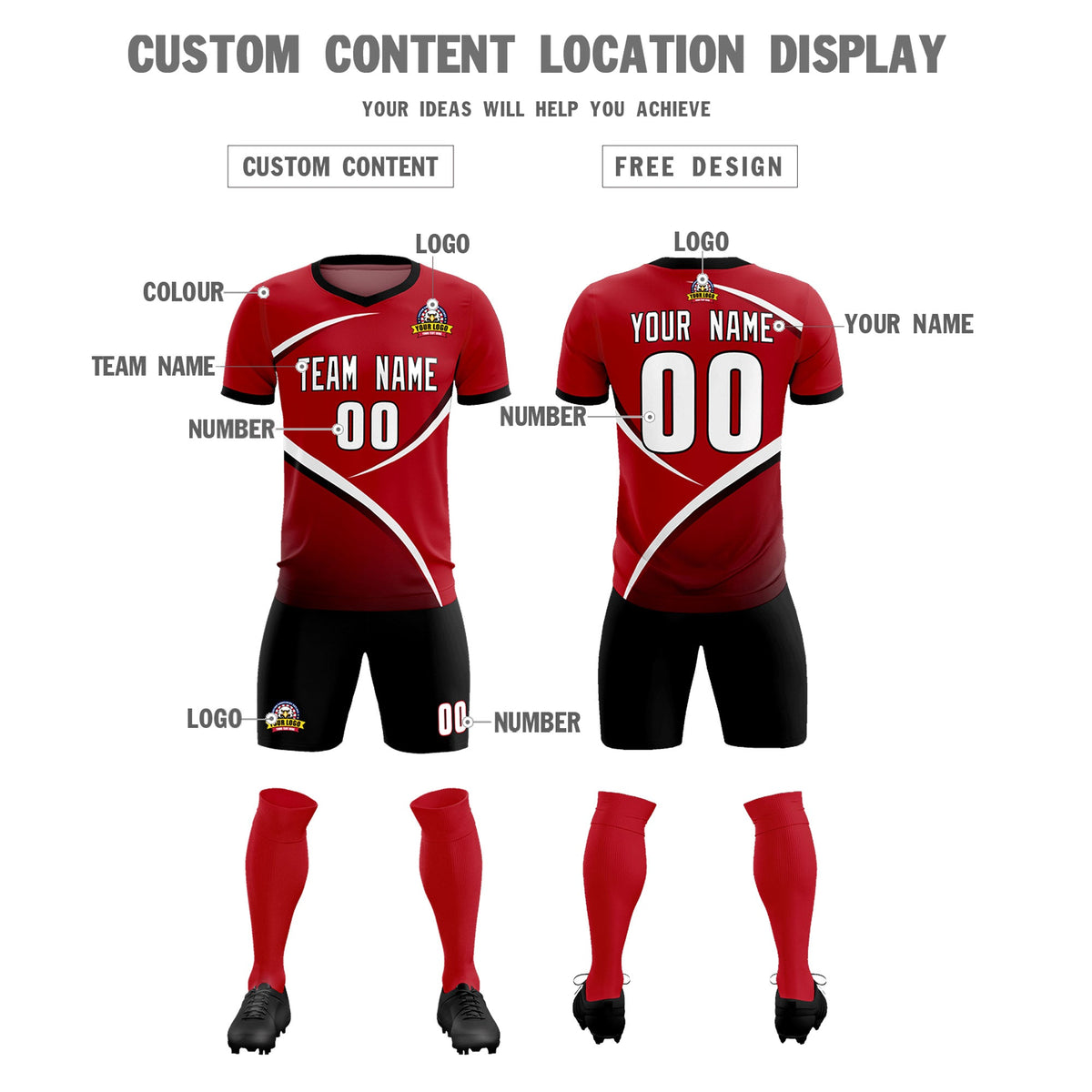Custom Red Black Color Block Training Uniform For Men Football Kits Jersey