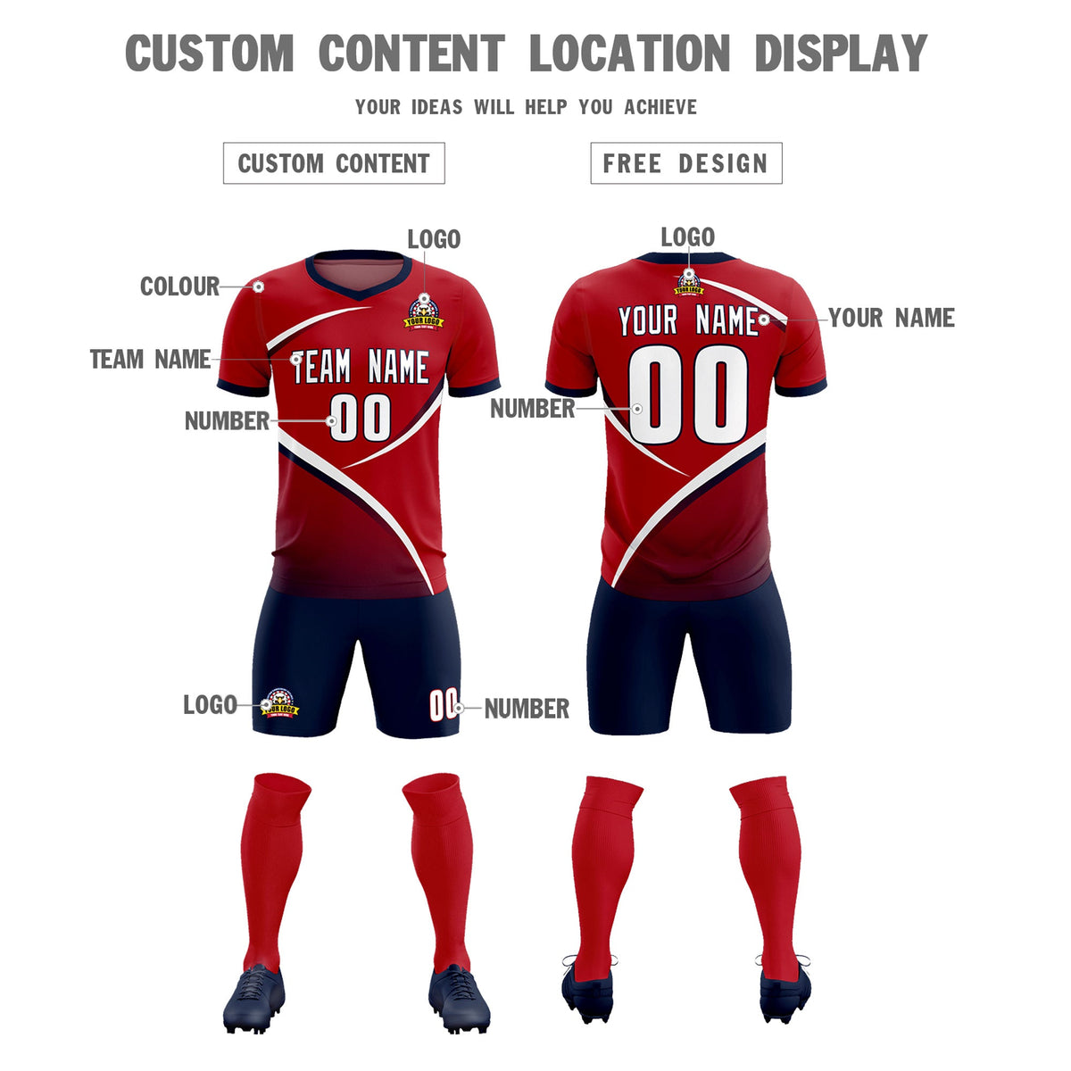 Custom Red Navy Color Block Training Uniform For Men Football Kits Jersey