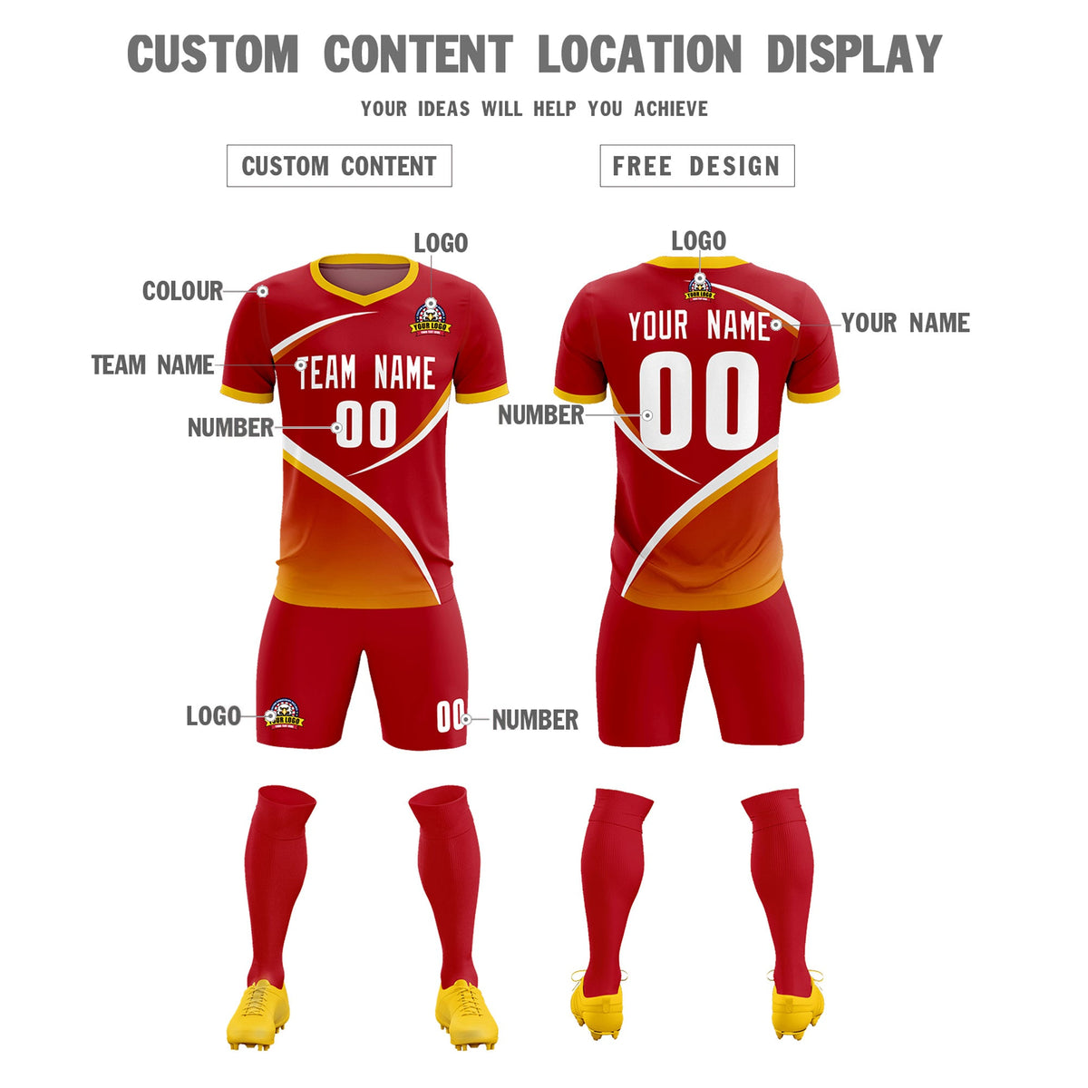 Custom Red Gold Color Block Training Uniform For Men Football Kits Jersey