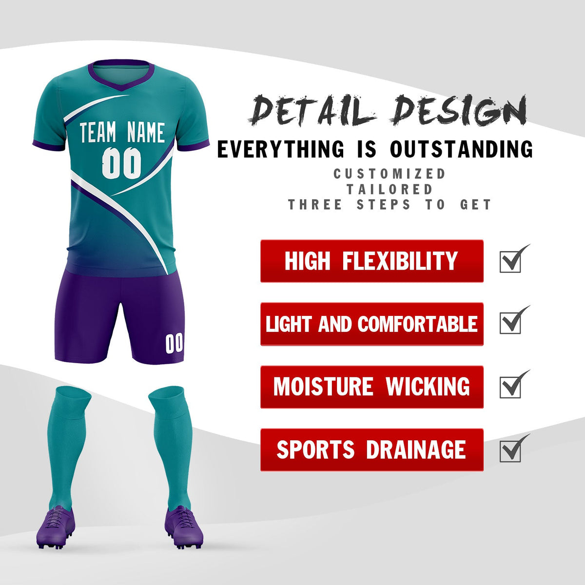 Custom Aqua Purple Color Block Training Uniform For Men Soccer Sets Jersey