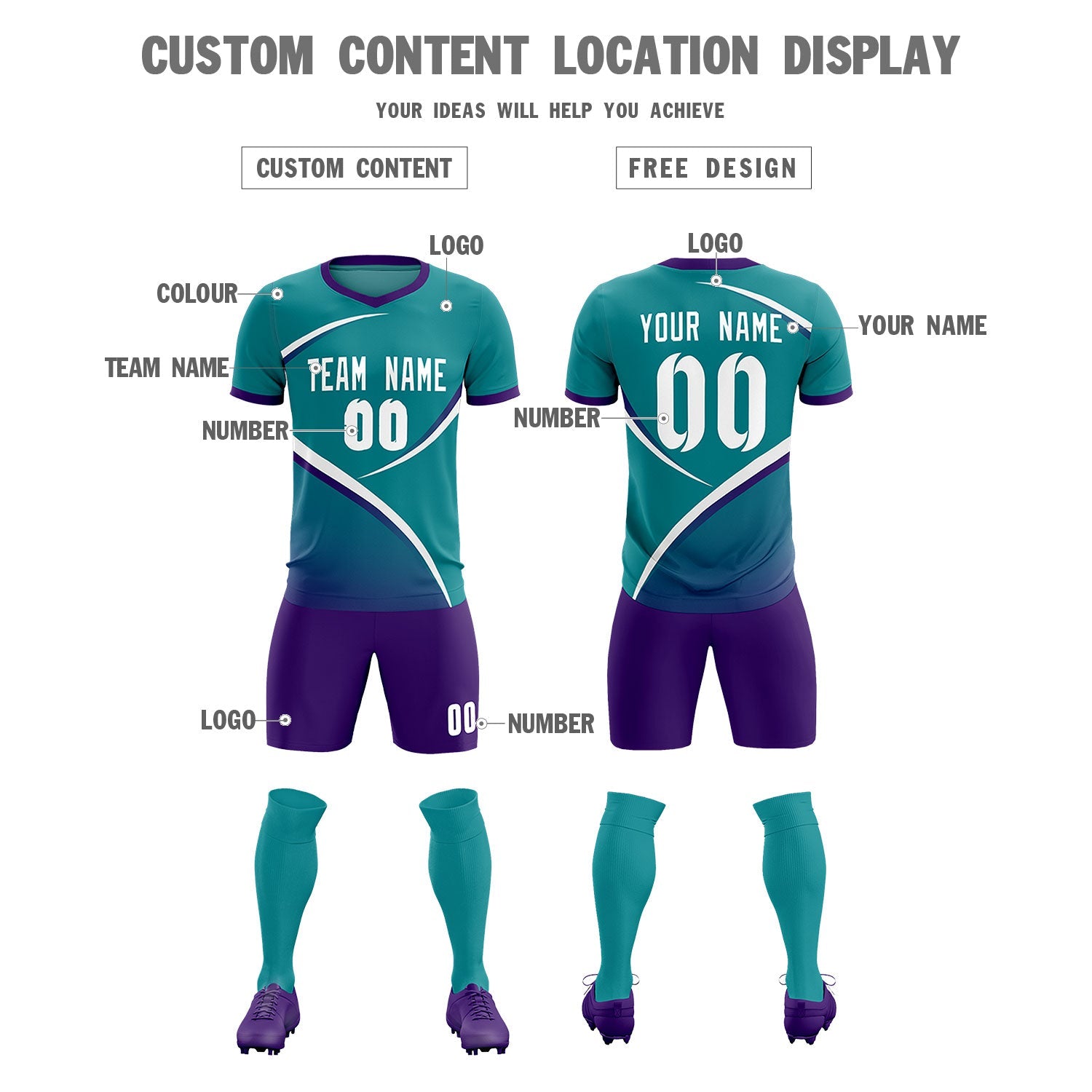 Custom Aqua Purple Color Block Training Uniform For Men Soccer Sets Jersey