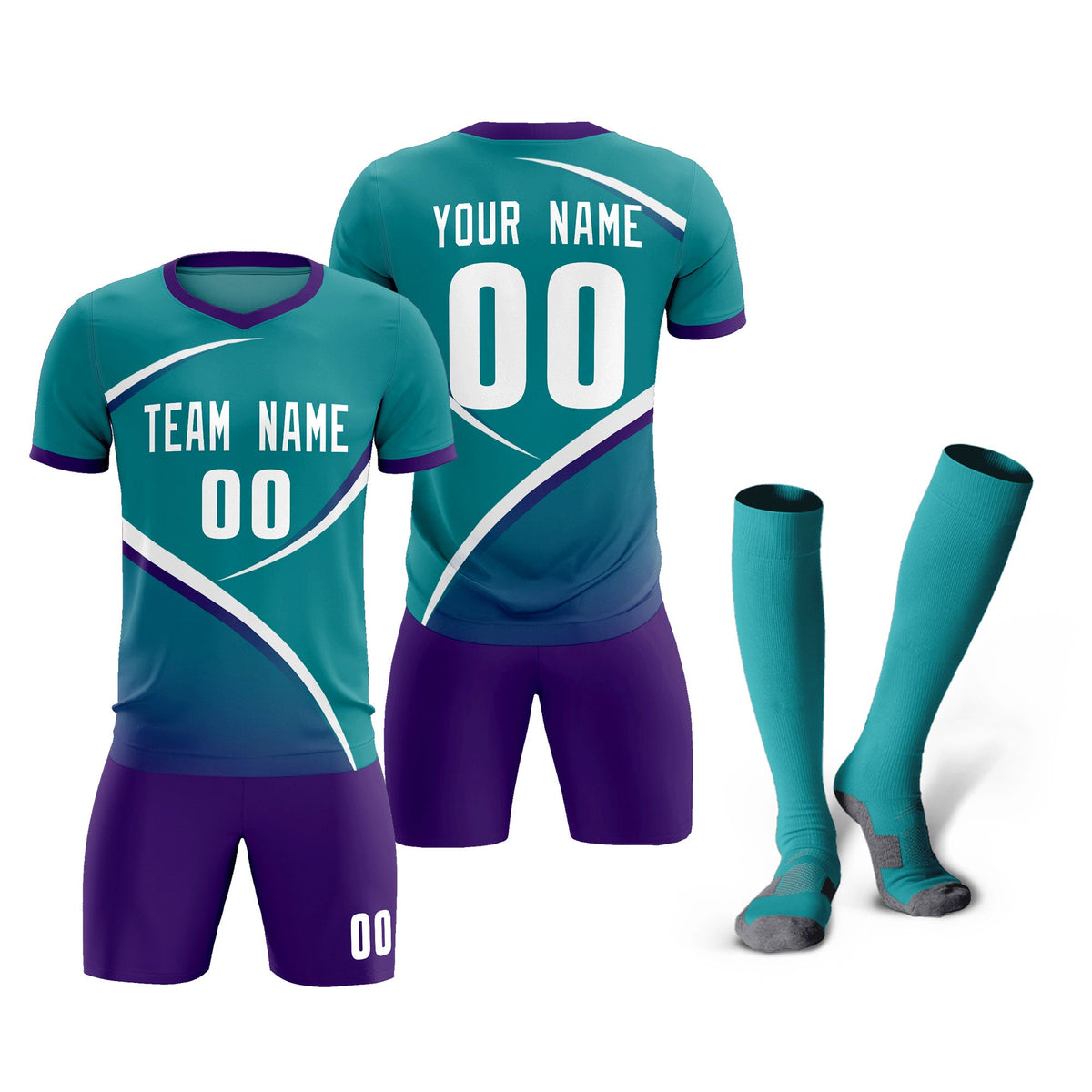 Custom Aqua Purple Color Block Training Uniform For Men Soccer Sets Jersey