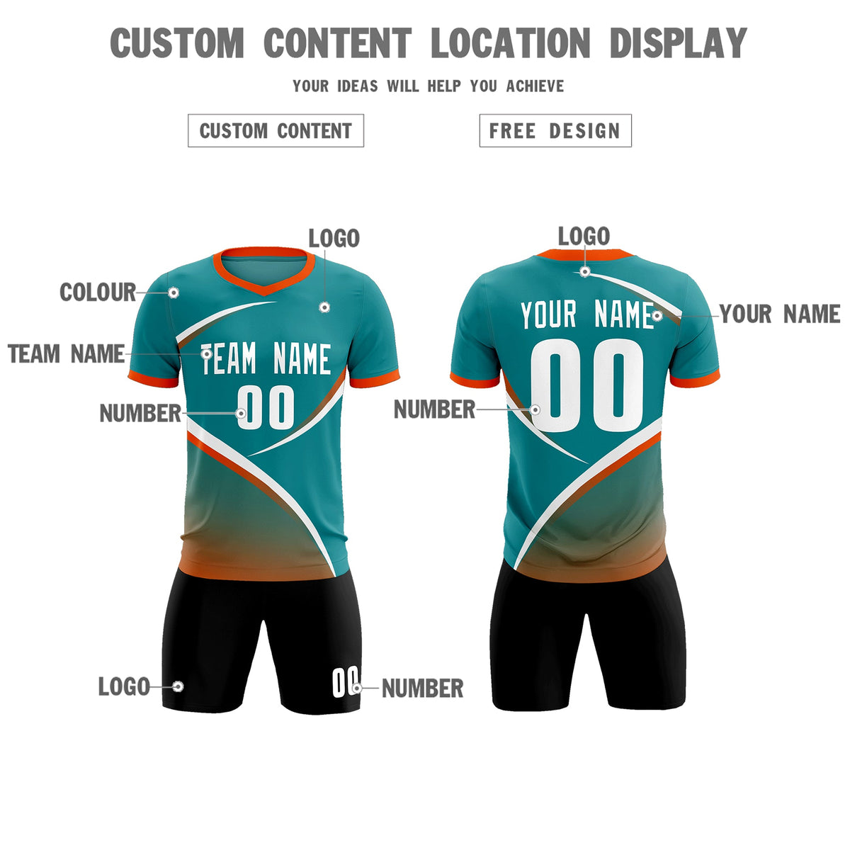 Custom Aqua Orange Color Block Training Uniform For Men Soccer Sets Jersey