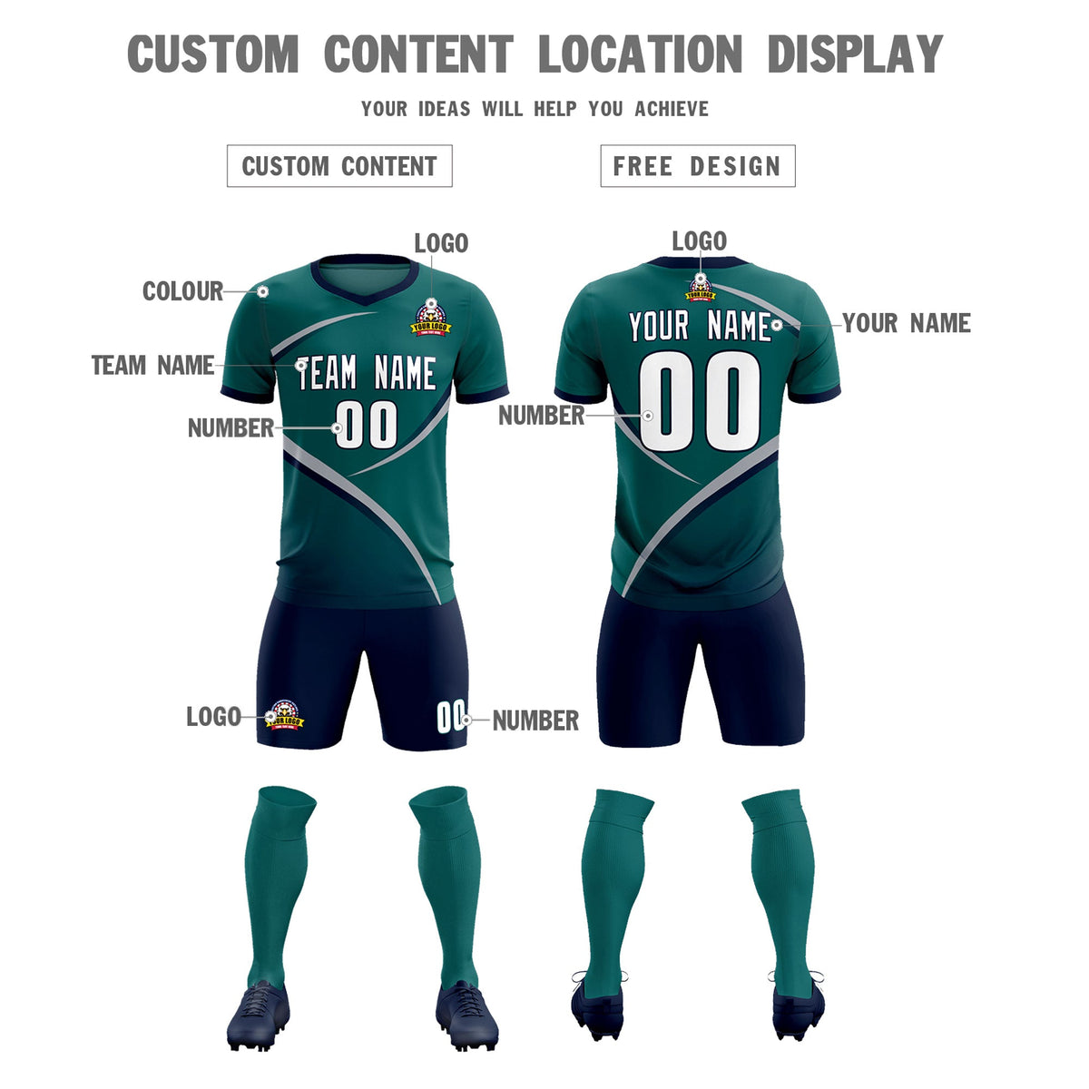Custom Aqua Navy Color Block Training Uniform For Men Soccer Sets Jersey