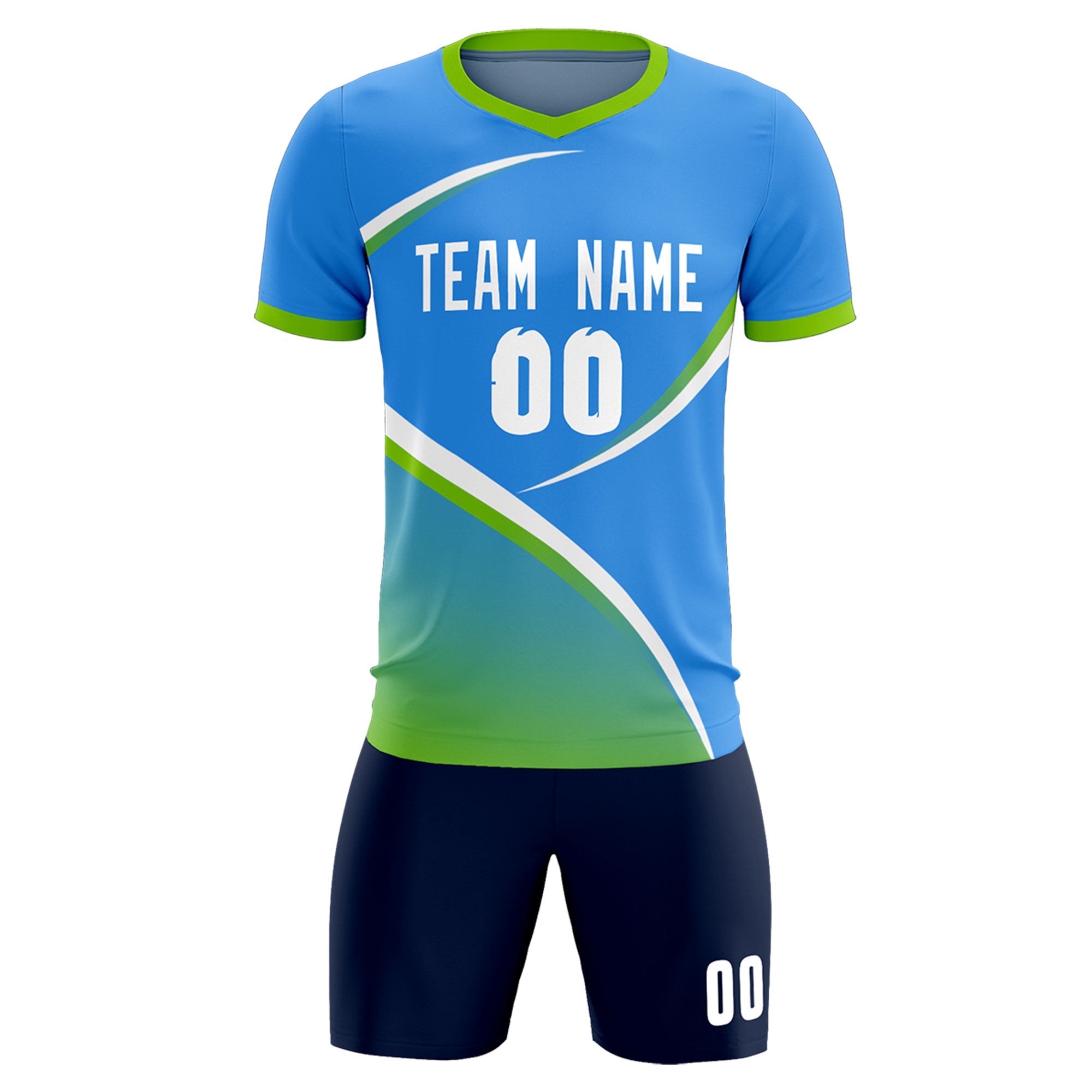 Custom Powder Blue Neon Green Color Block Training Uniform For Men Soccer Sets Jersey
