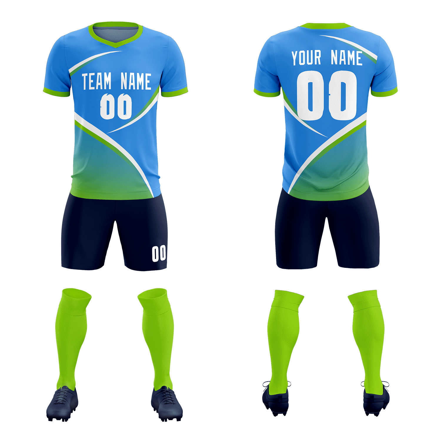 Custom Powder Blue Neon Green Color Block Training Uniform For Men Soccer Sets Jersey