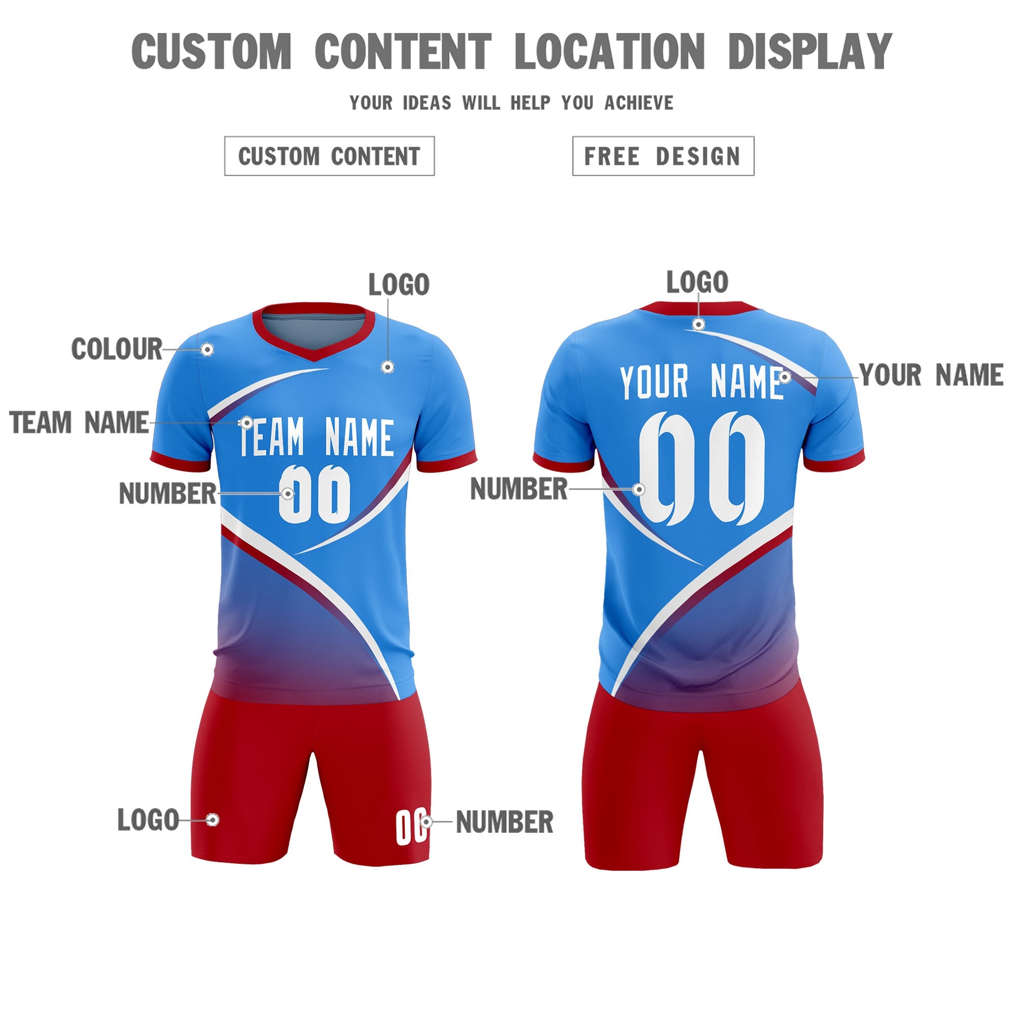 Custom Powder Blue Red Color Block Training Uniform For Men Soccer Sets Jersey