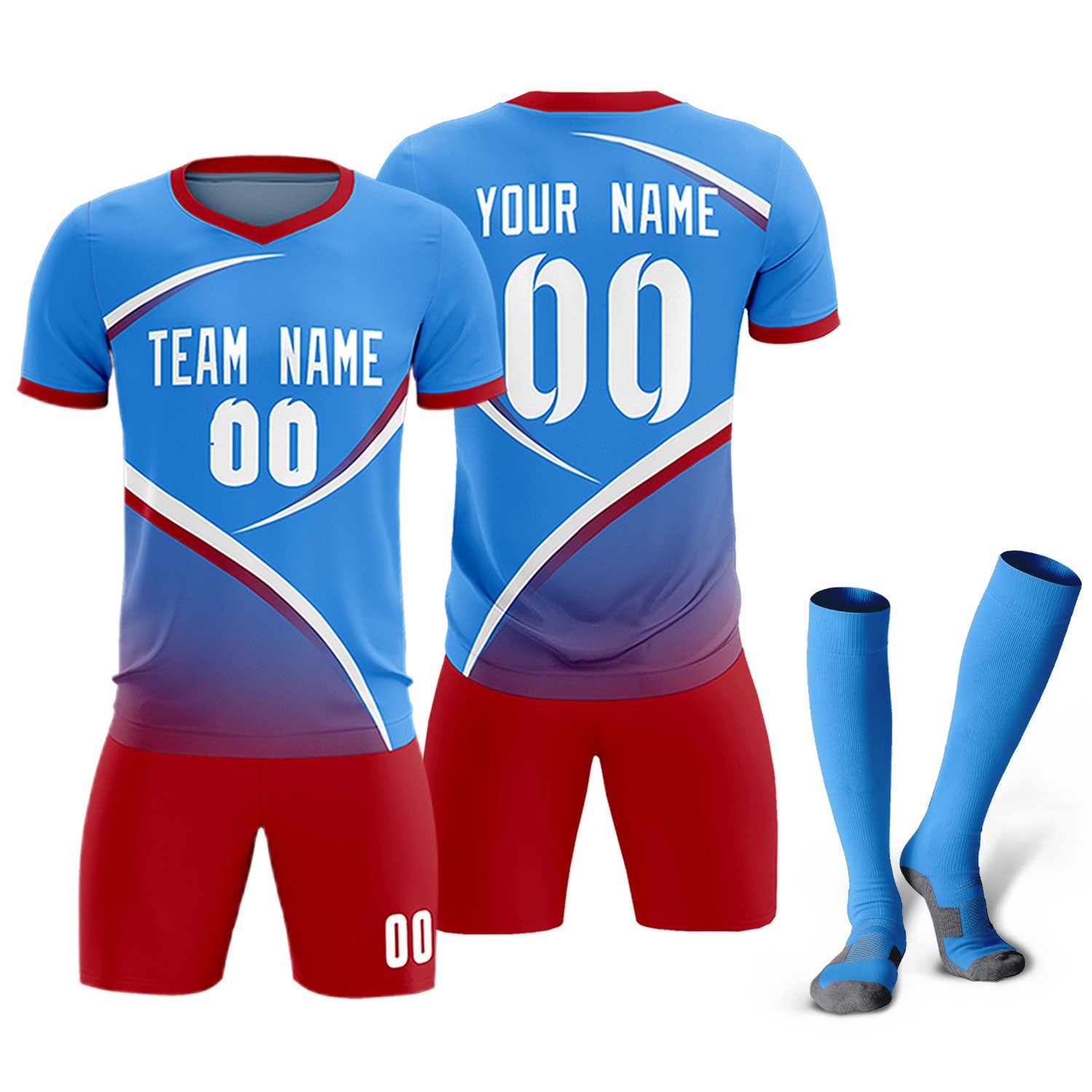 Custom Powder Blue Red Color Block Training Uniform For Men Soccer Sets Jersey