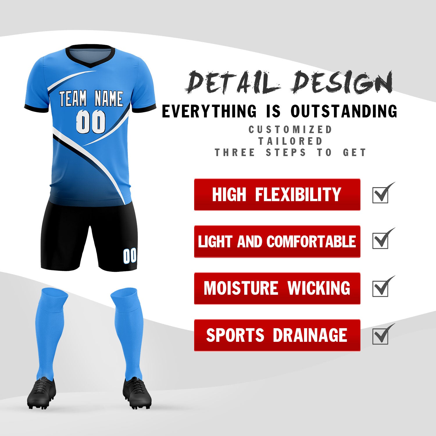 Custom Powder Blue Navy Color Block Training Uniform For Men Soccer Sets Jersey