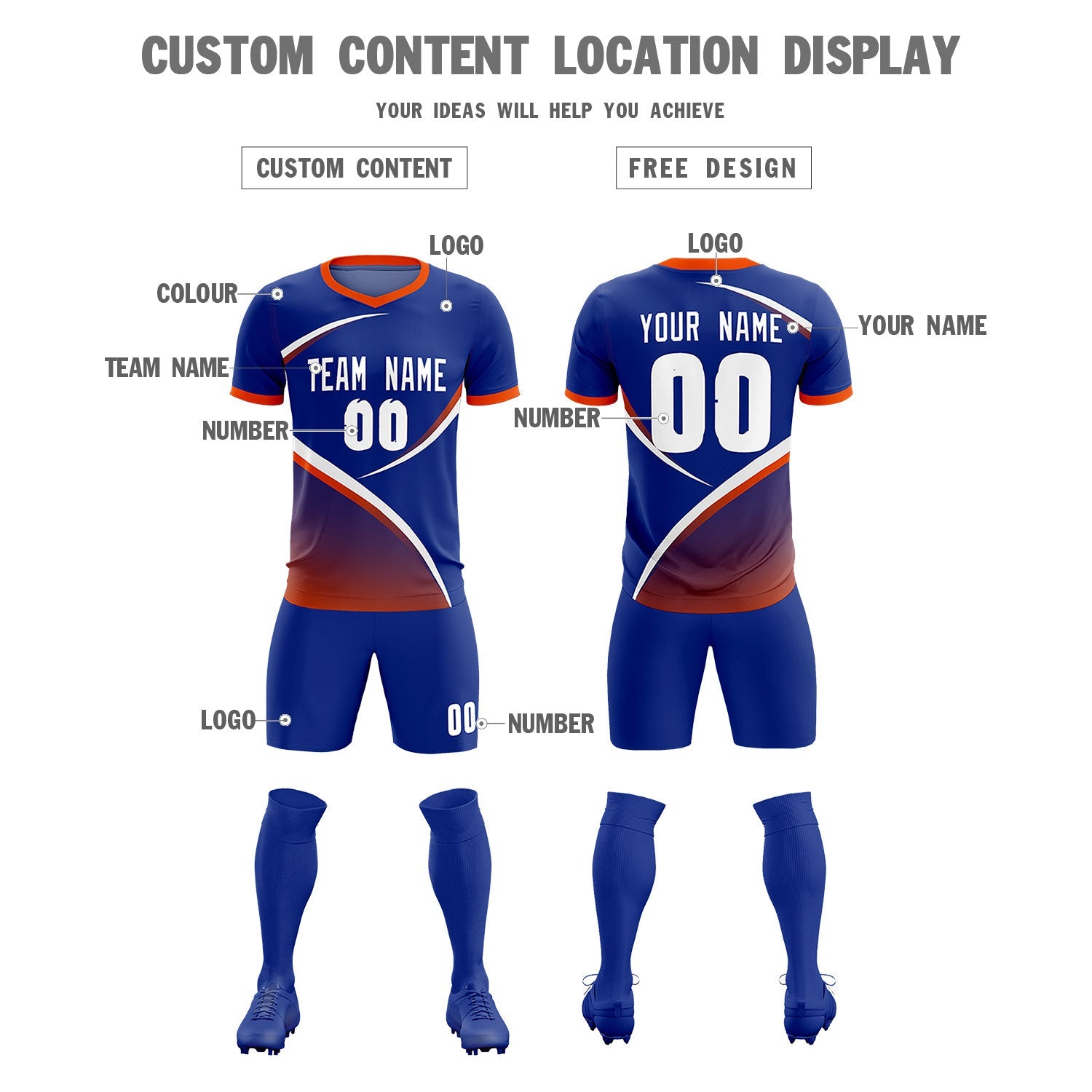 Custom Royal Orange Color Block Training Uniform For Men Soccer Sets Jersey
