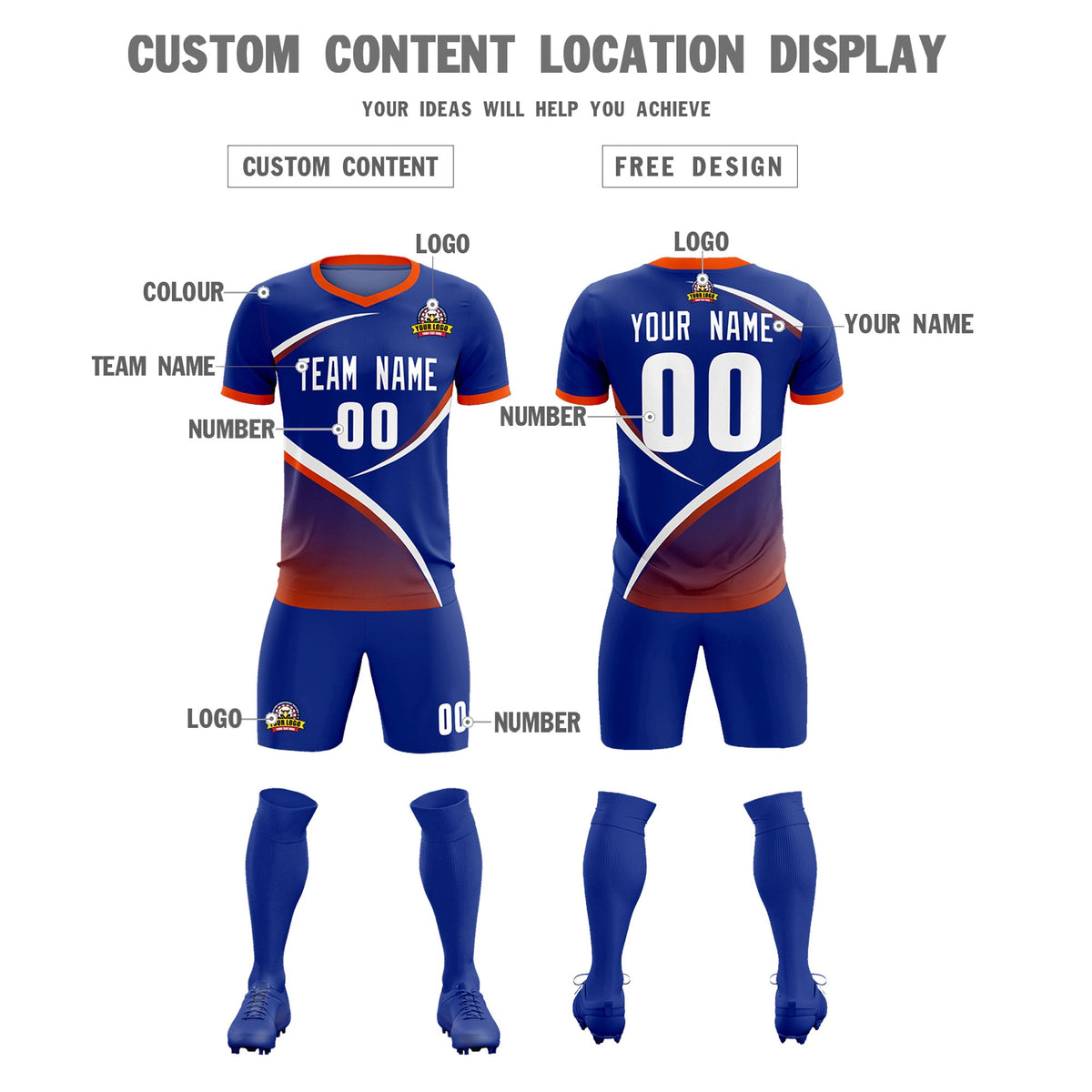 Custom Royal Orange Color Block Training Uniform For Men Soccer Sets Jersey