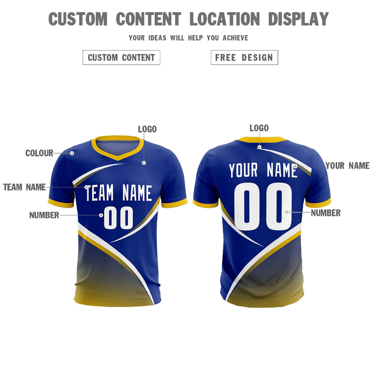 Custom Royal Gold Color Block Training Uniform For Men Soccer Sets Jersey