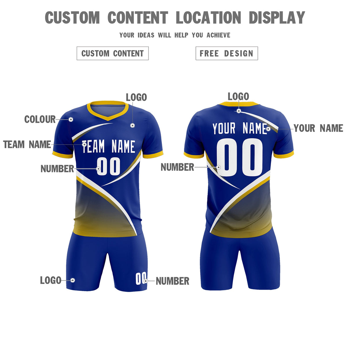Custom Royal Gold Color Block Training Uniform For Men Soccer Sets Jersey