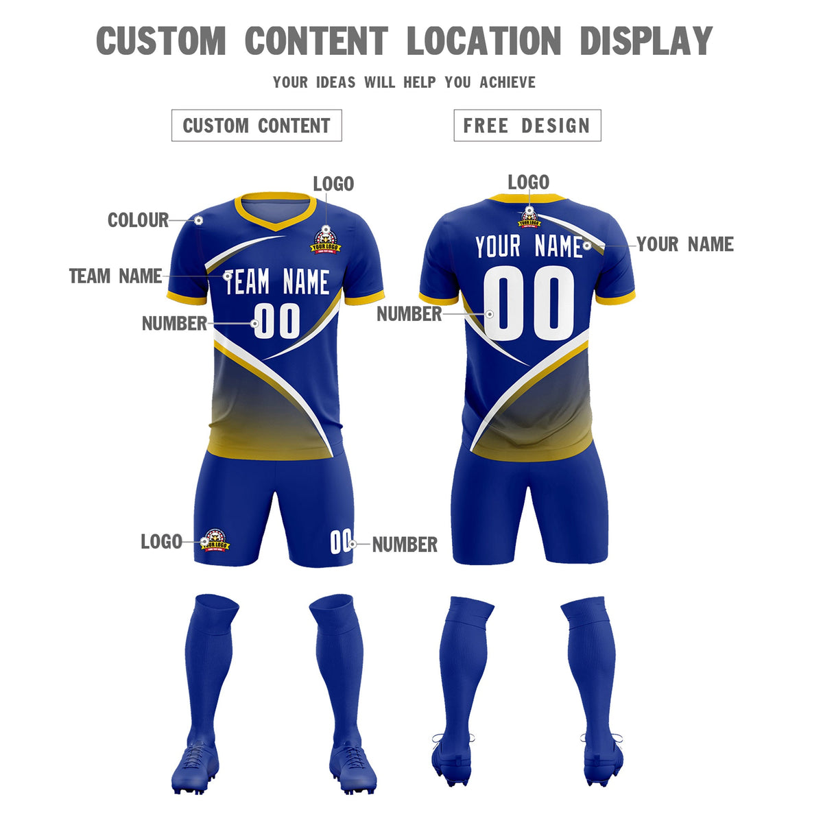 Custom Royal Gold Color Block Training Uniform For Men Soccer Sets Jersey