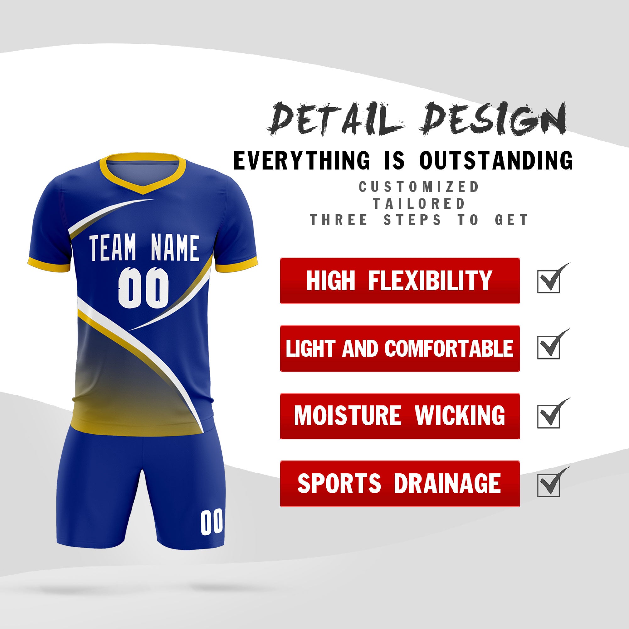 Custom Royal Gold Color Block Training Uniform For Men Soccer Sets Jersey