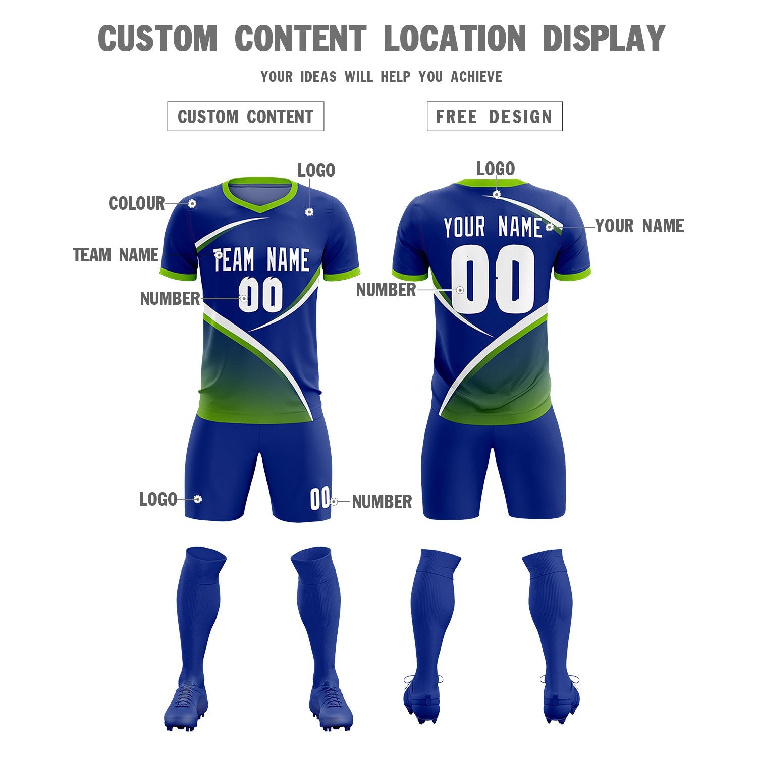 Custom Royal Neon Green Color Block Training Uniform For Men Soccer Sets Jersey
