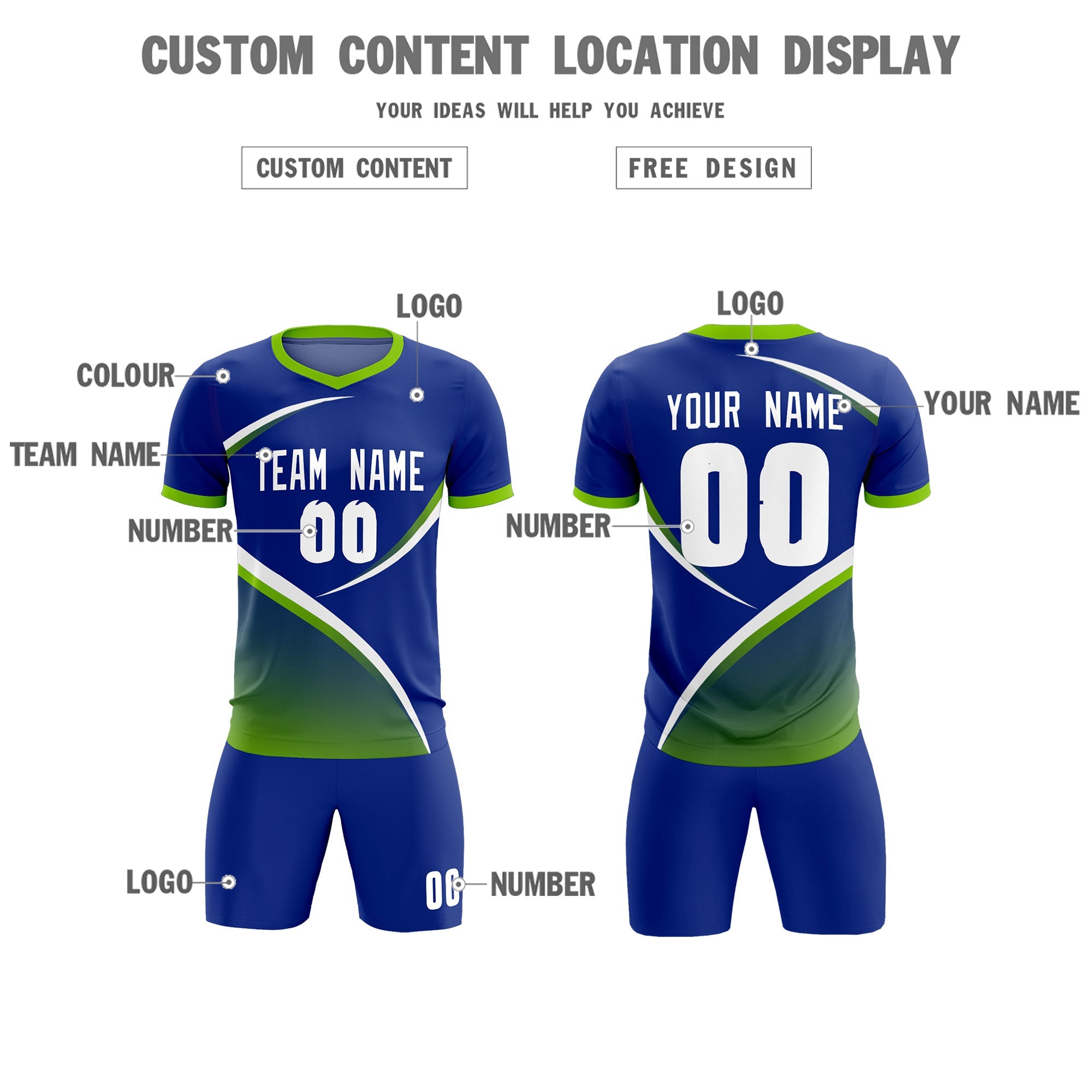 Custom Royal Neon Green Color Block Training Uniform For Men Soccer Sets Jersey
