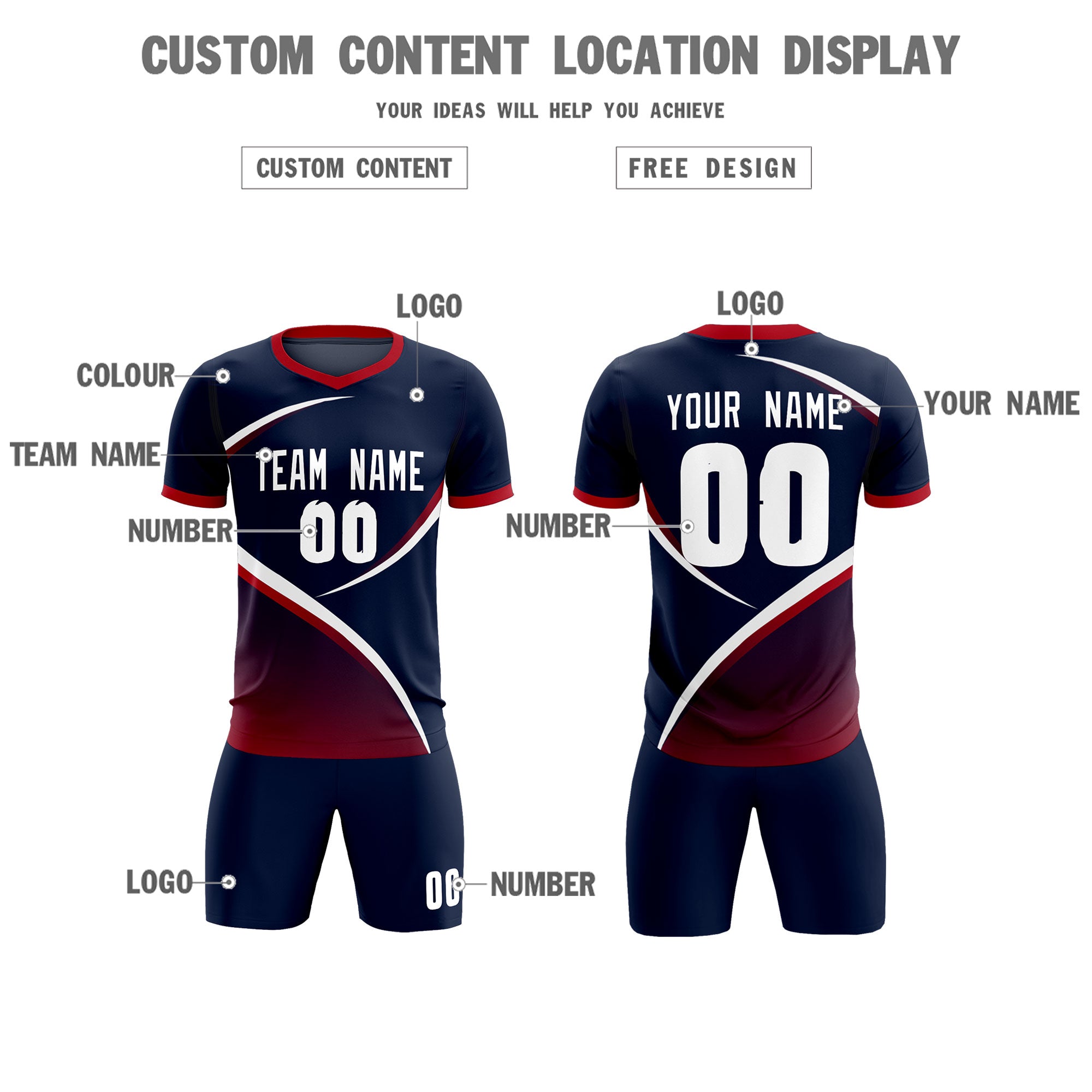 Custom Navy Red Color Block Training Uniform For Men Soccer Sets Jersey