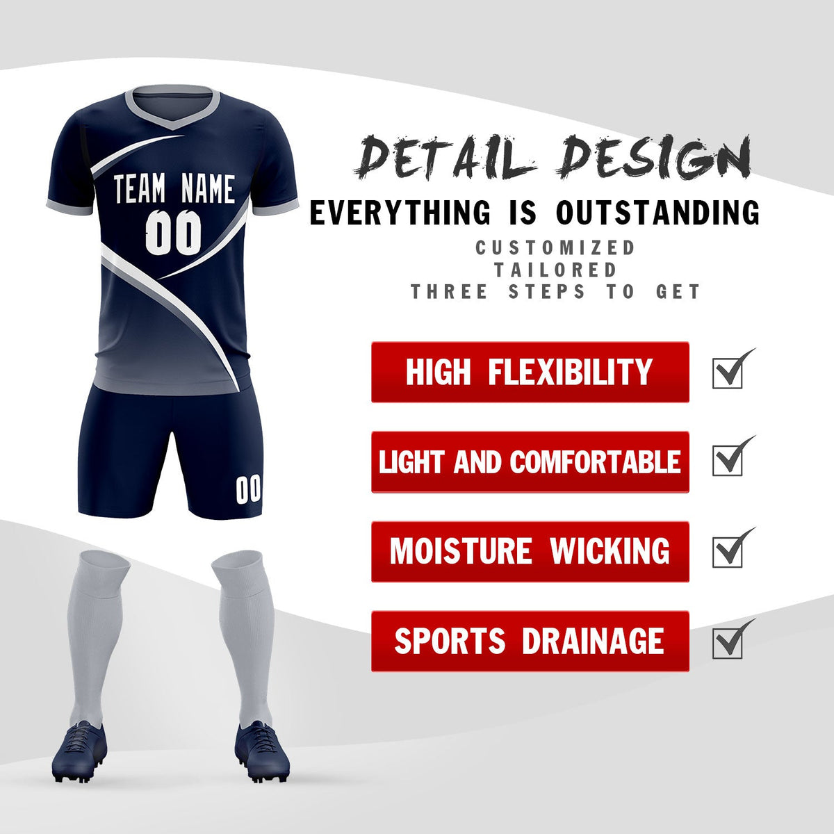 Custom Navy Gray Color Block Training Uniform For Men Soccer Sets Jersey
