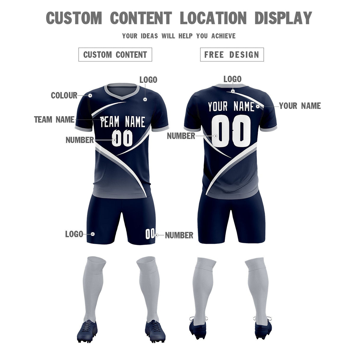 Custom Navy Gray Color Block Training Uniform For Men Soccer Sets Jersey