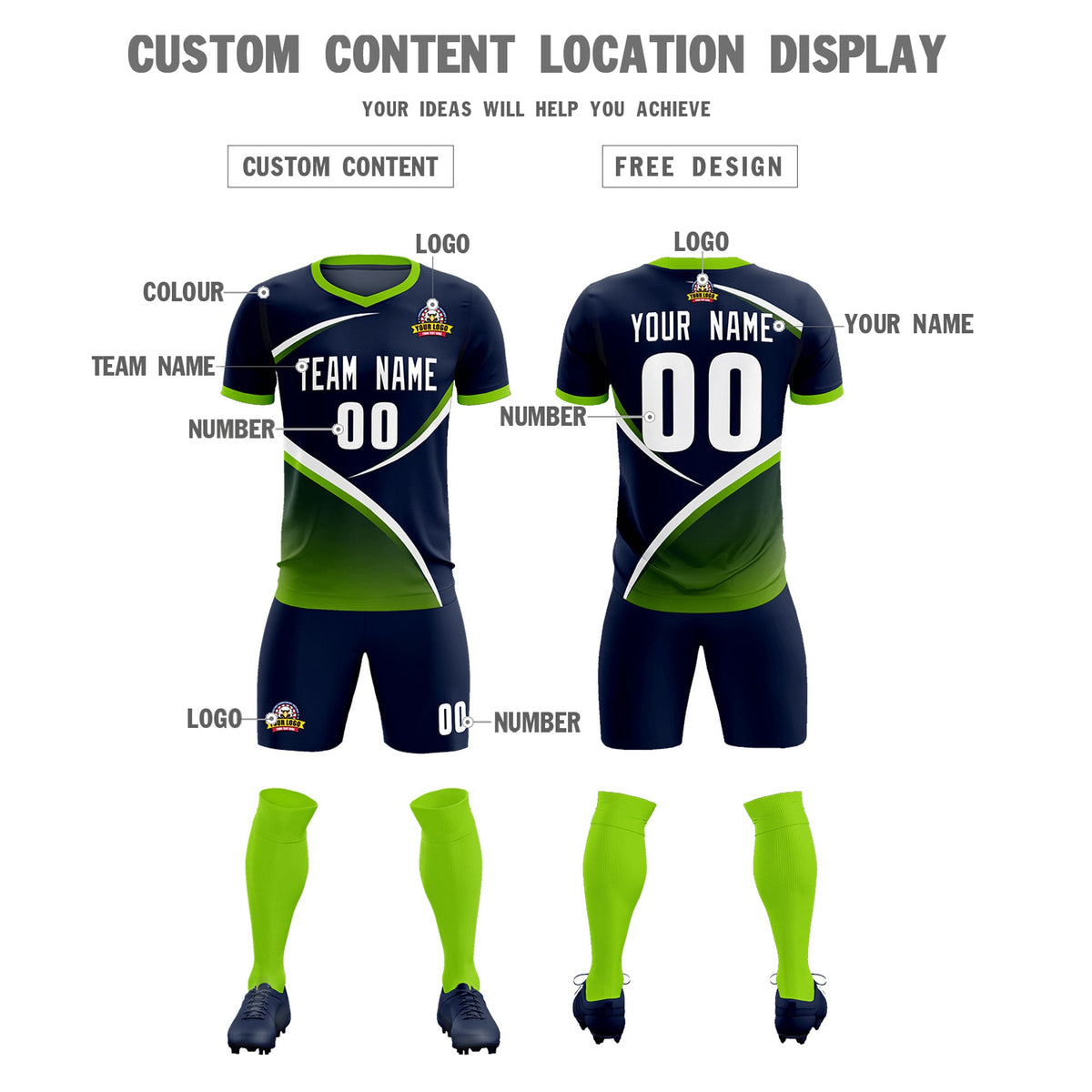 Custom Navy Neon Green Color Block Training Uniform For Men Soccer Sets Jersey