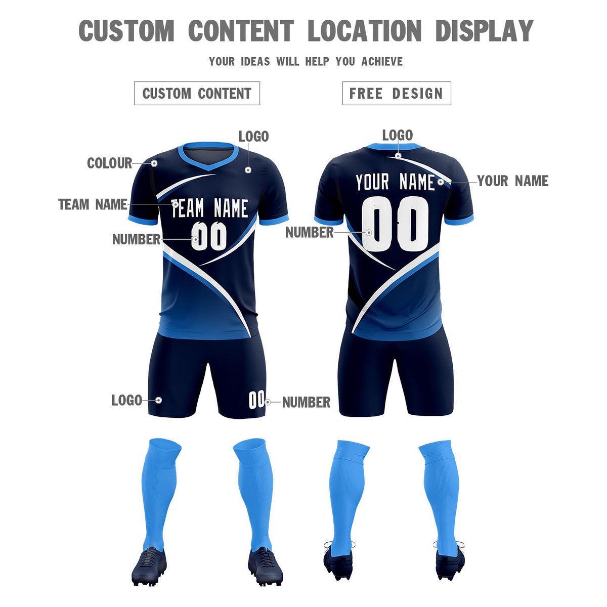Custom Navy Powder Blue Color Block Training Uniform For Men Soccer Sets Jersey