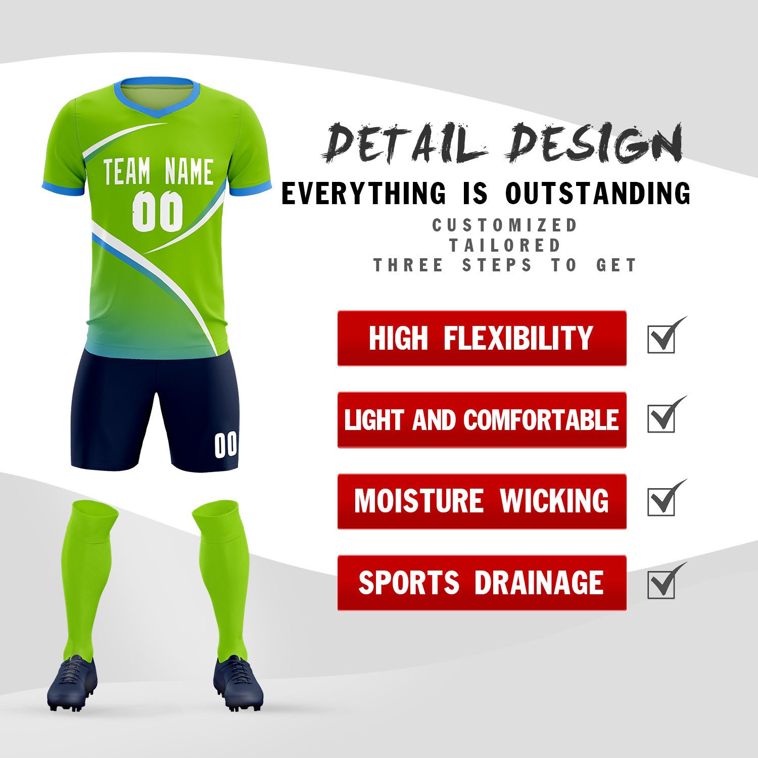 Custom Neon Green Powder Blue Color Block Training Uniform For Men Soccer Sets Jersey