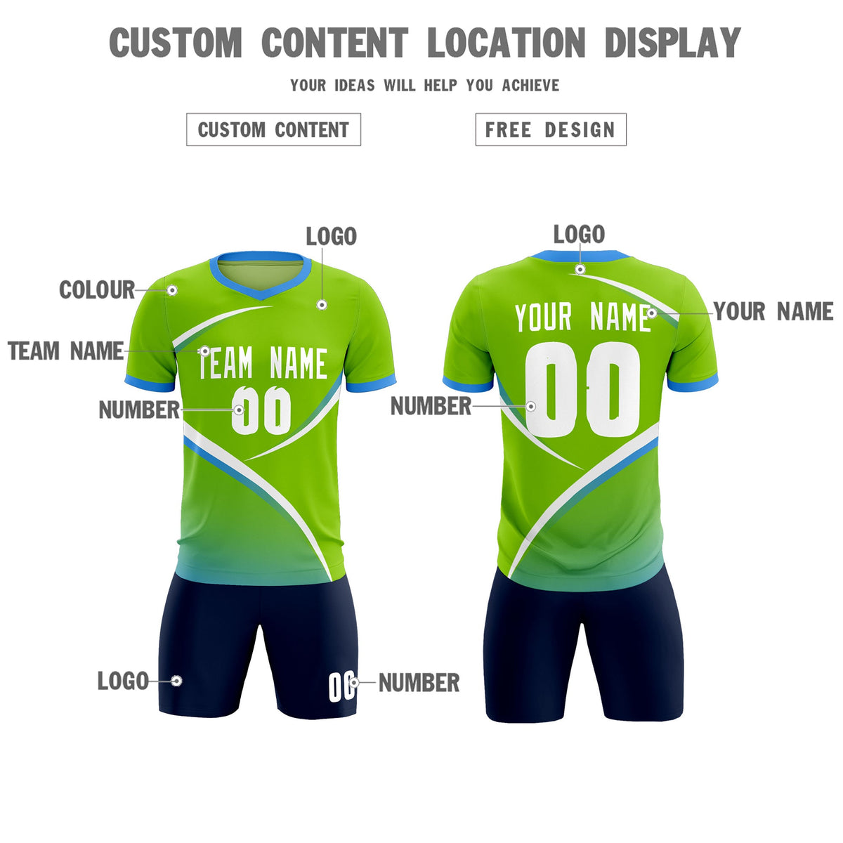 Custom Neon Green Powder Blue Color Block Training Uniform For Men Soccer Sets Jersey