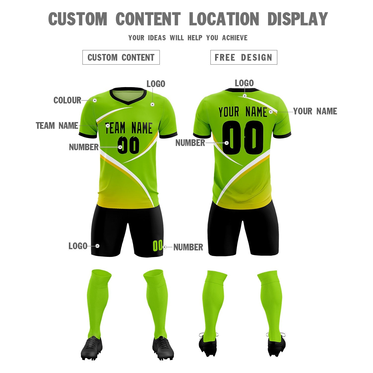 Custom Neon Green Black Color Block Training Uniform For Men Soccer Sets Jersey
