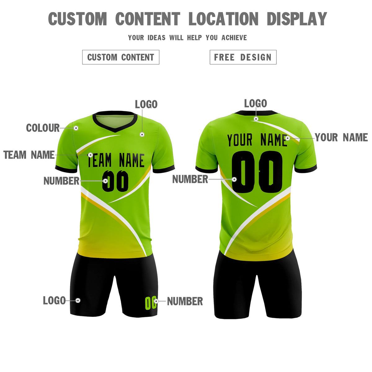 Custom Neon Green Black Color Block Training Uniform For Men Soccer Sets Jersey