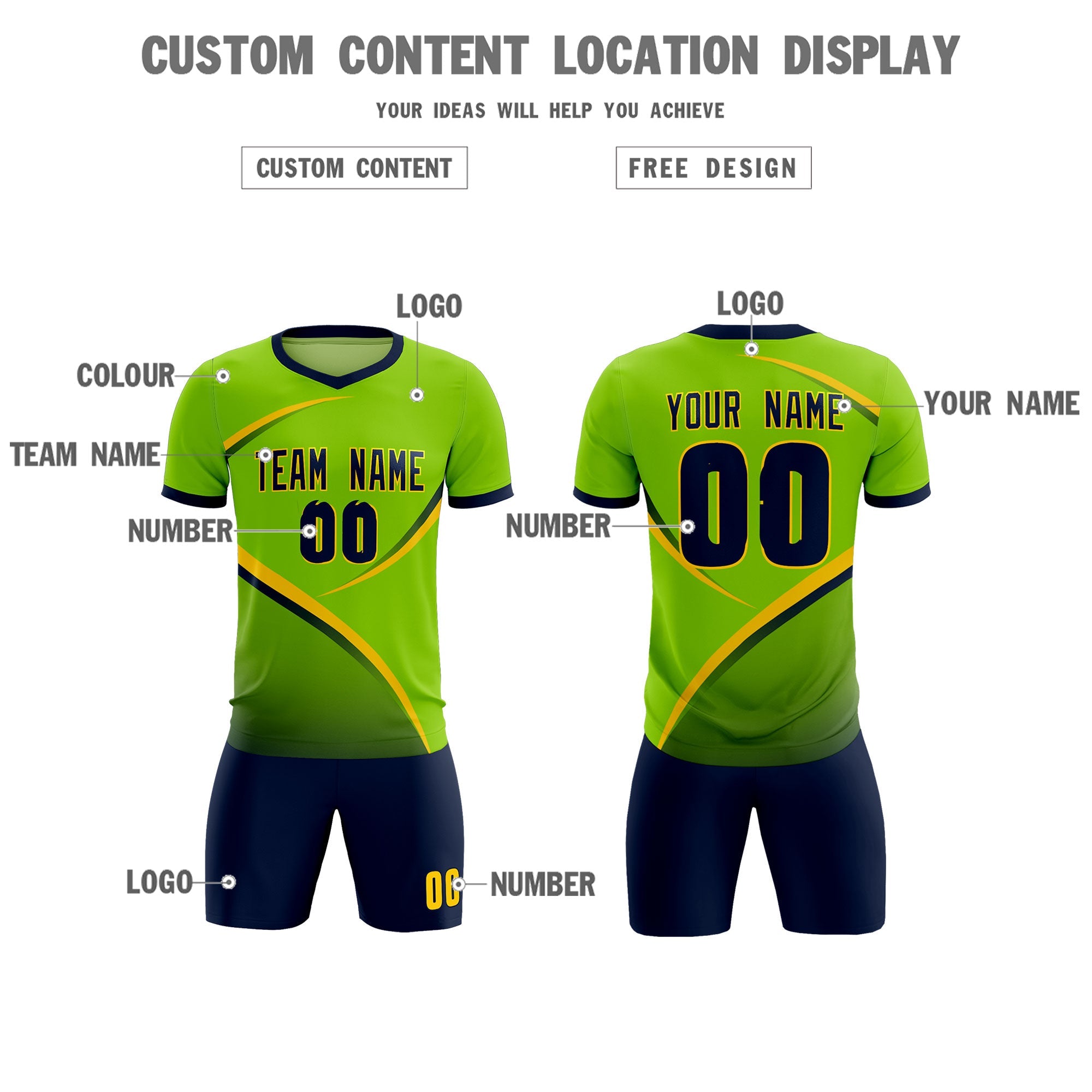 Custom Neon Green Navy Color Block Training Uniform For Men Soccer Sets Jersey