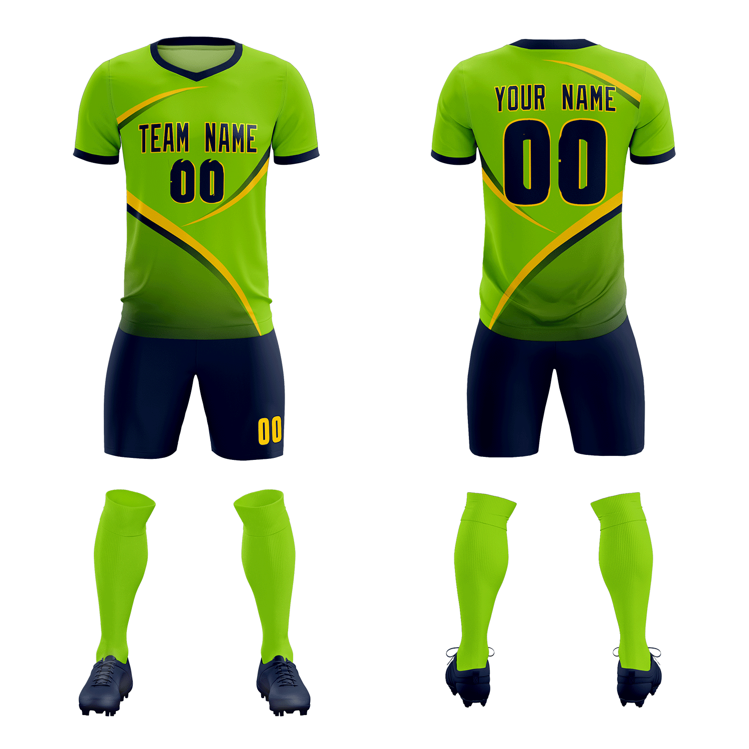 Custom Neon Green Navy Color Block Training Uniform For Men Soccer Sets Jersey