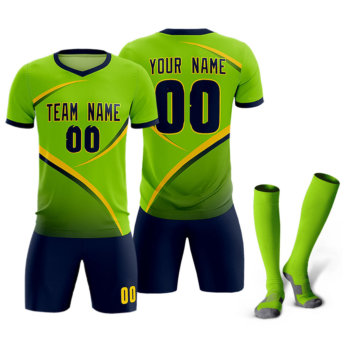 Custom Neon Green Navy Color Block Training Uniform For Men Soccer Sets Jersey