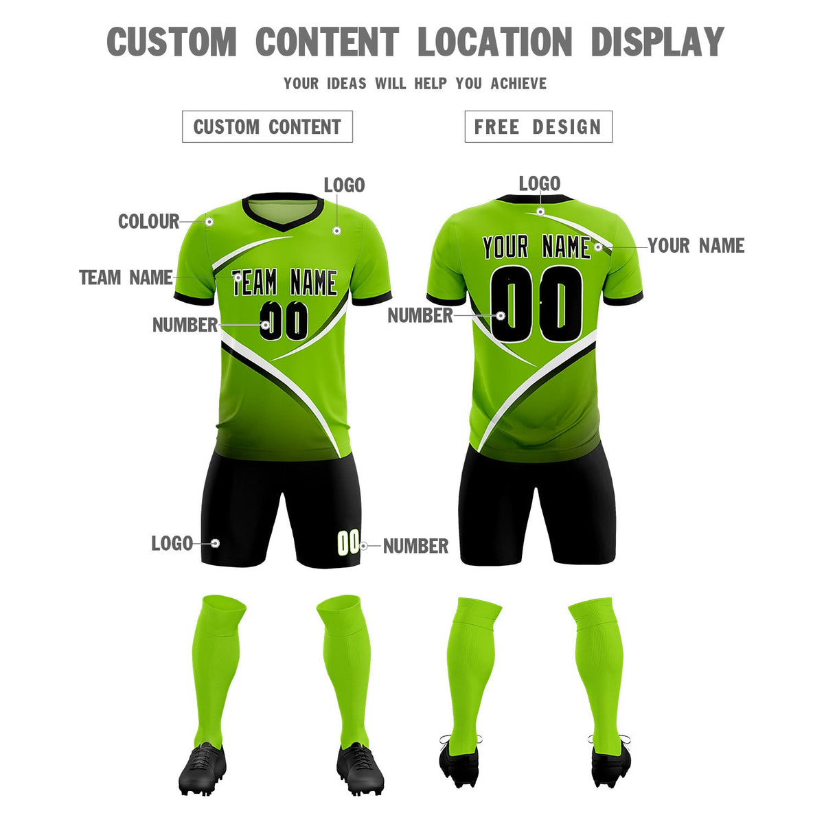 Custom Neon Green Black Color Block Training Uniform For Men Soccer Sets Jersey