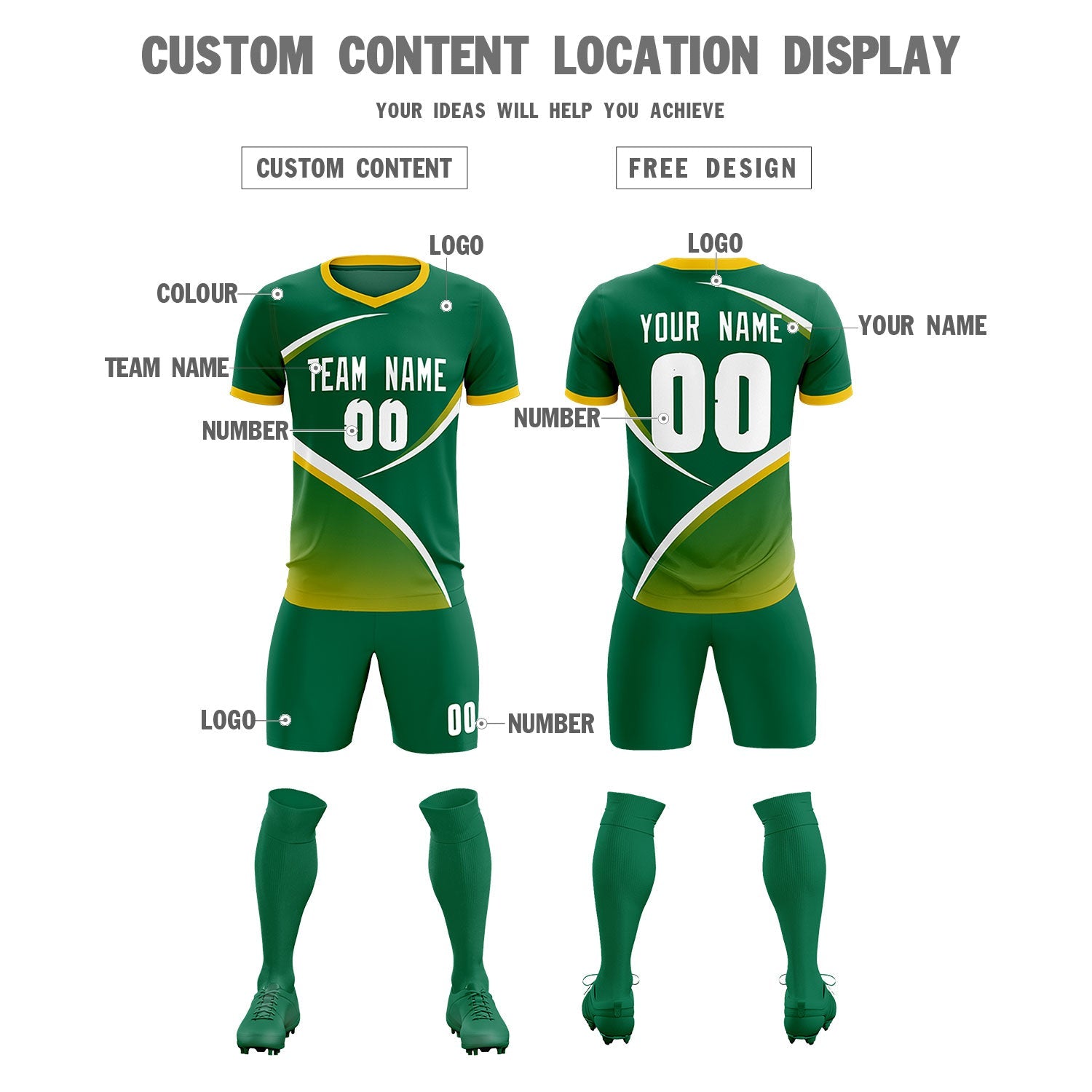 Custom Kelly Green Gold Color Block Training Uniform For Men Soccer Sets Jersey