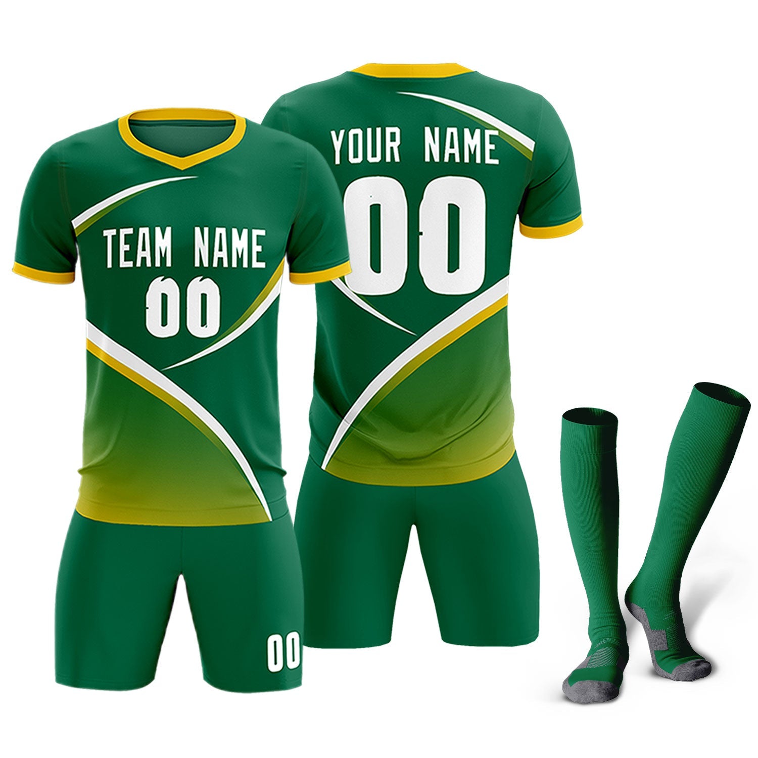 Custom Kelly Green Gold Color Block Training Uniform For Men Soccer Sets Jersey