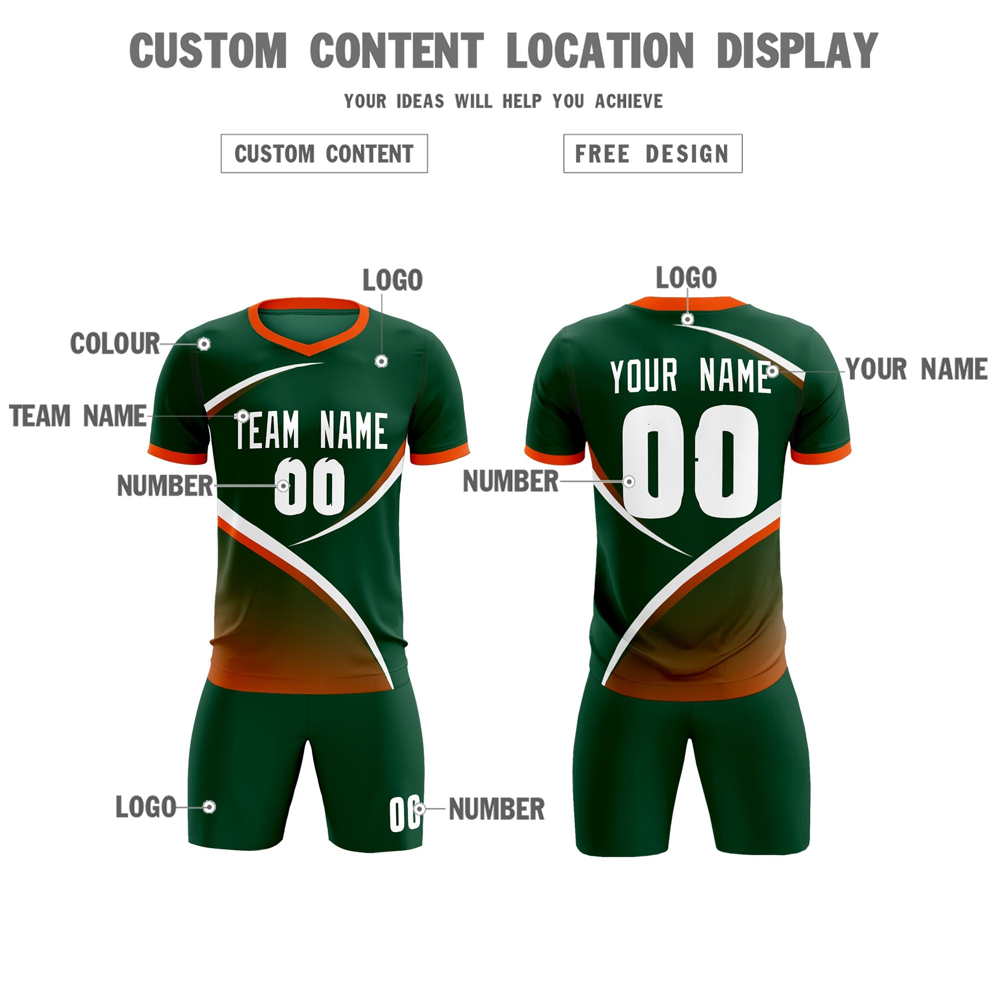 Custom Green Orange Color Block Training Uniform For Men Soccer Sets Jersey