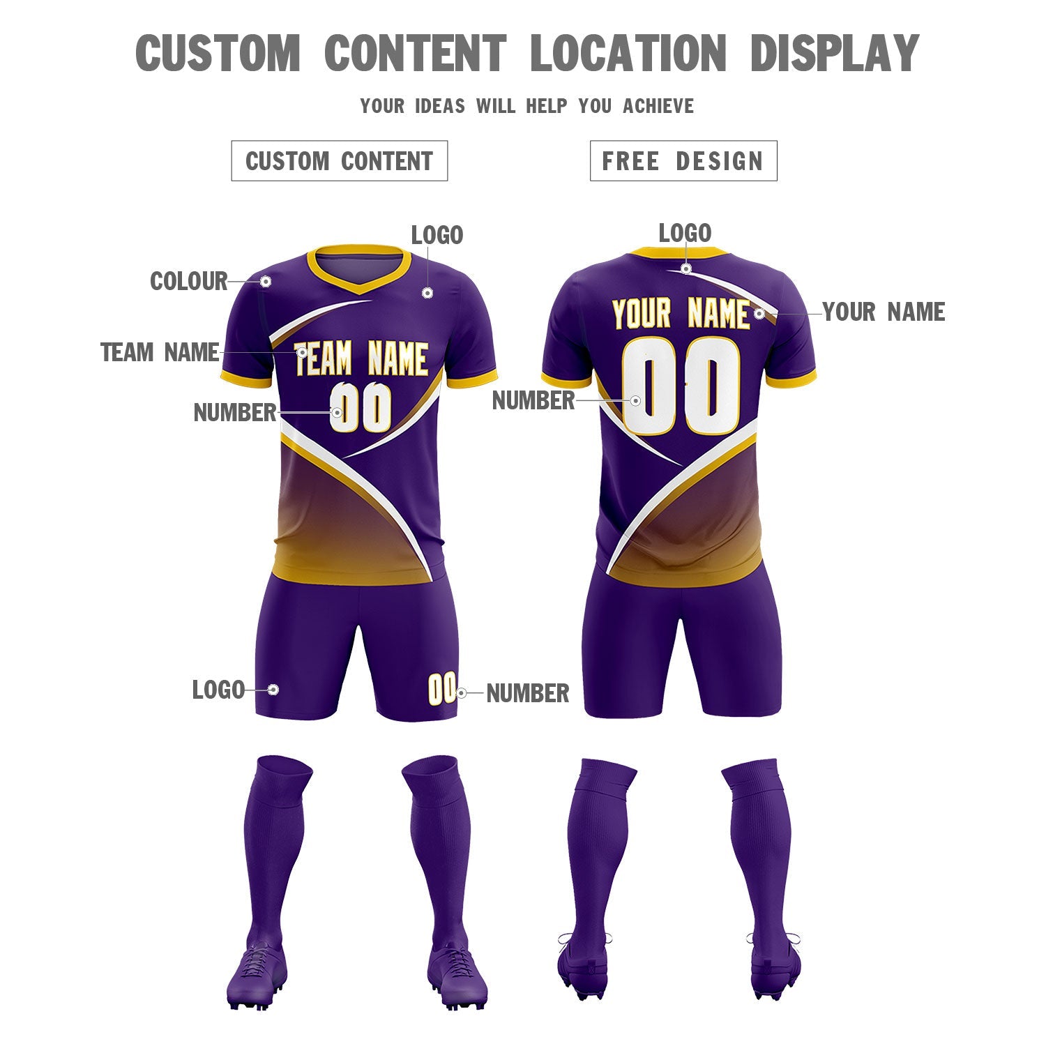 Custom Purple Gold Color Block Training Uniform For Men Soccer Sets Jersey