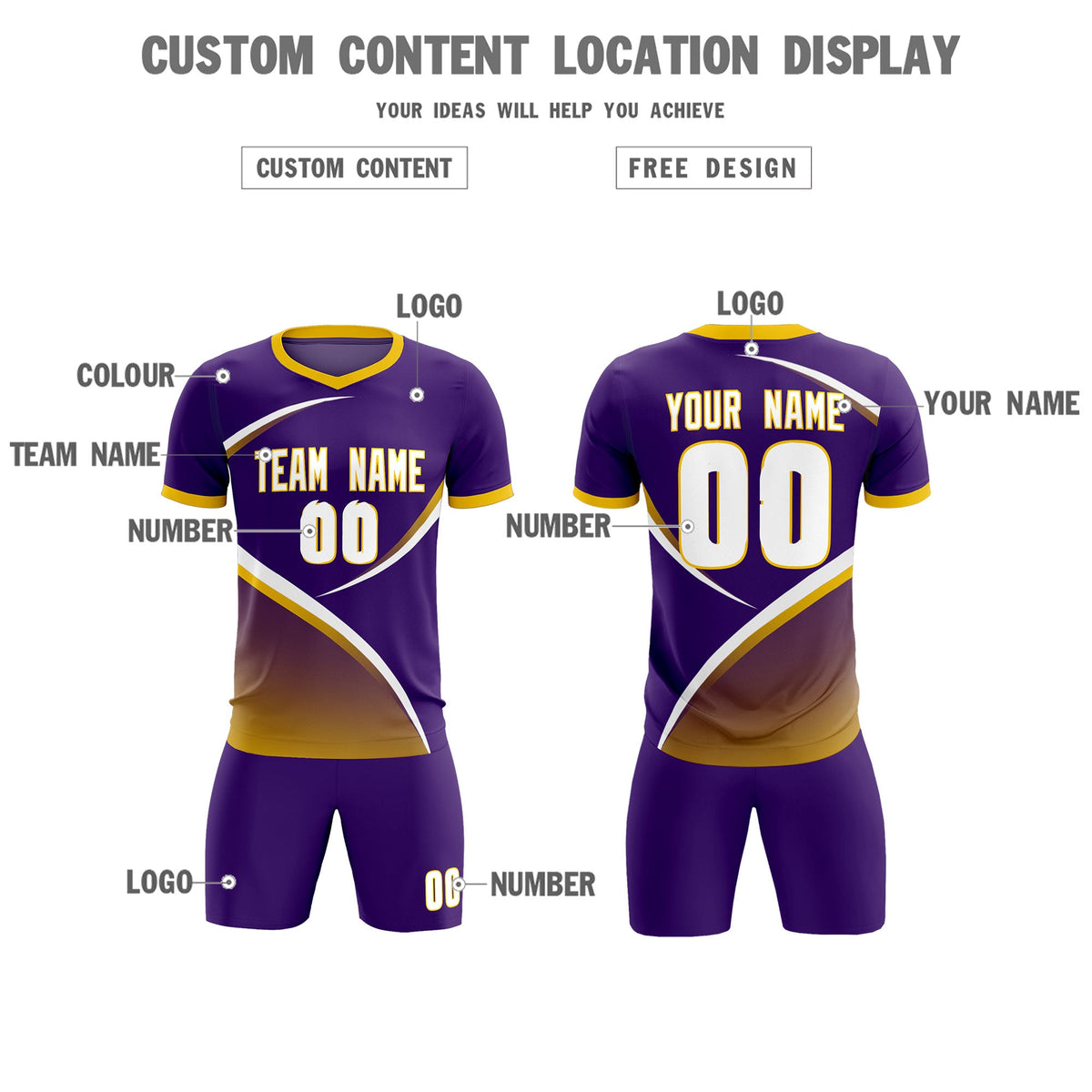 Custom Purple Gold Color Block Training Uniform For Men Soccer Sets Jersey