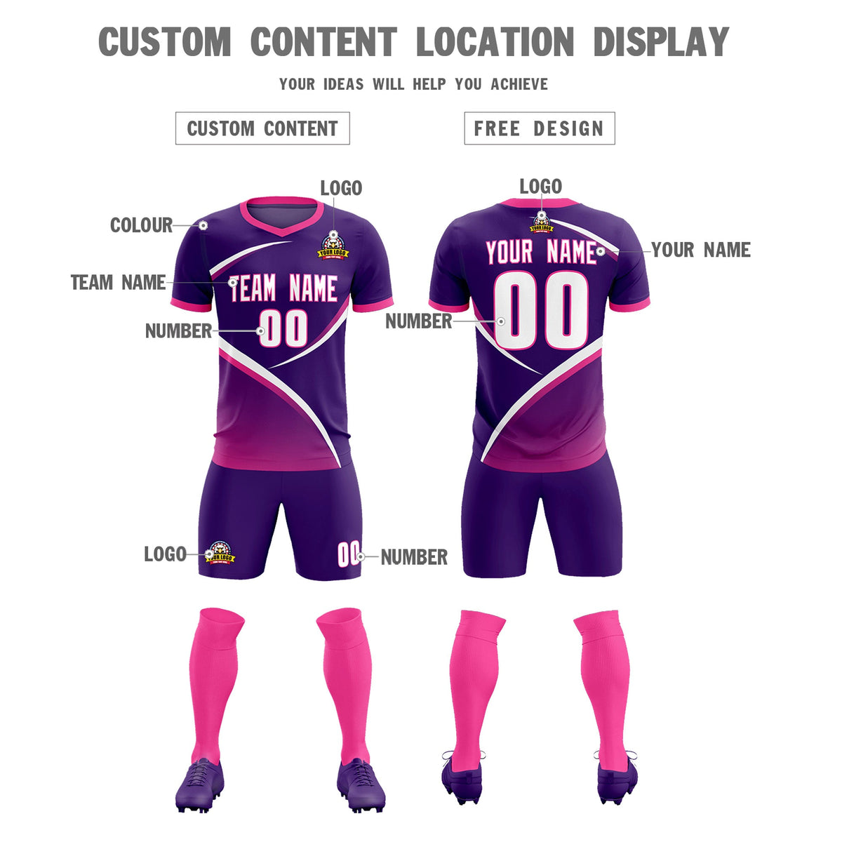 Custom Purple Pink Color Block Training Uniform For Men Soccer Sets Jersey