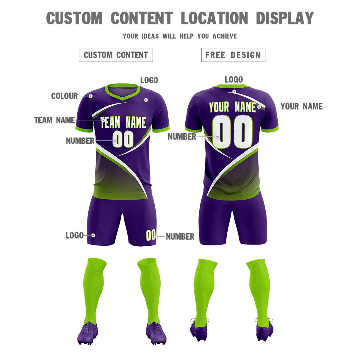 Custom Purple Neon Green Color Block Training Uniform For Men Soccer Sets Jersey