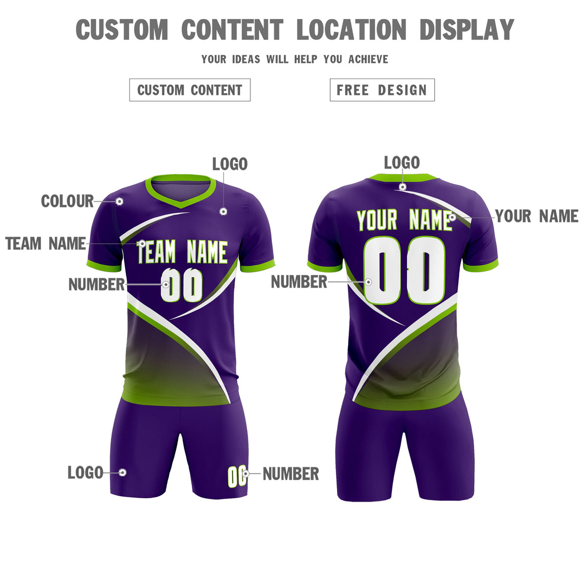 Custom Purple Neon Green Color Block Training Uniform For Men Soccer Sets Jersey