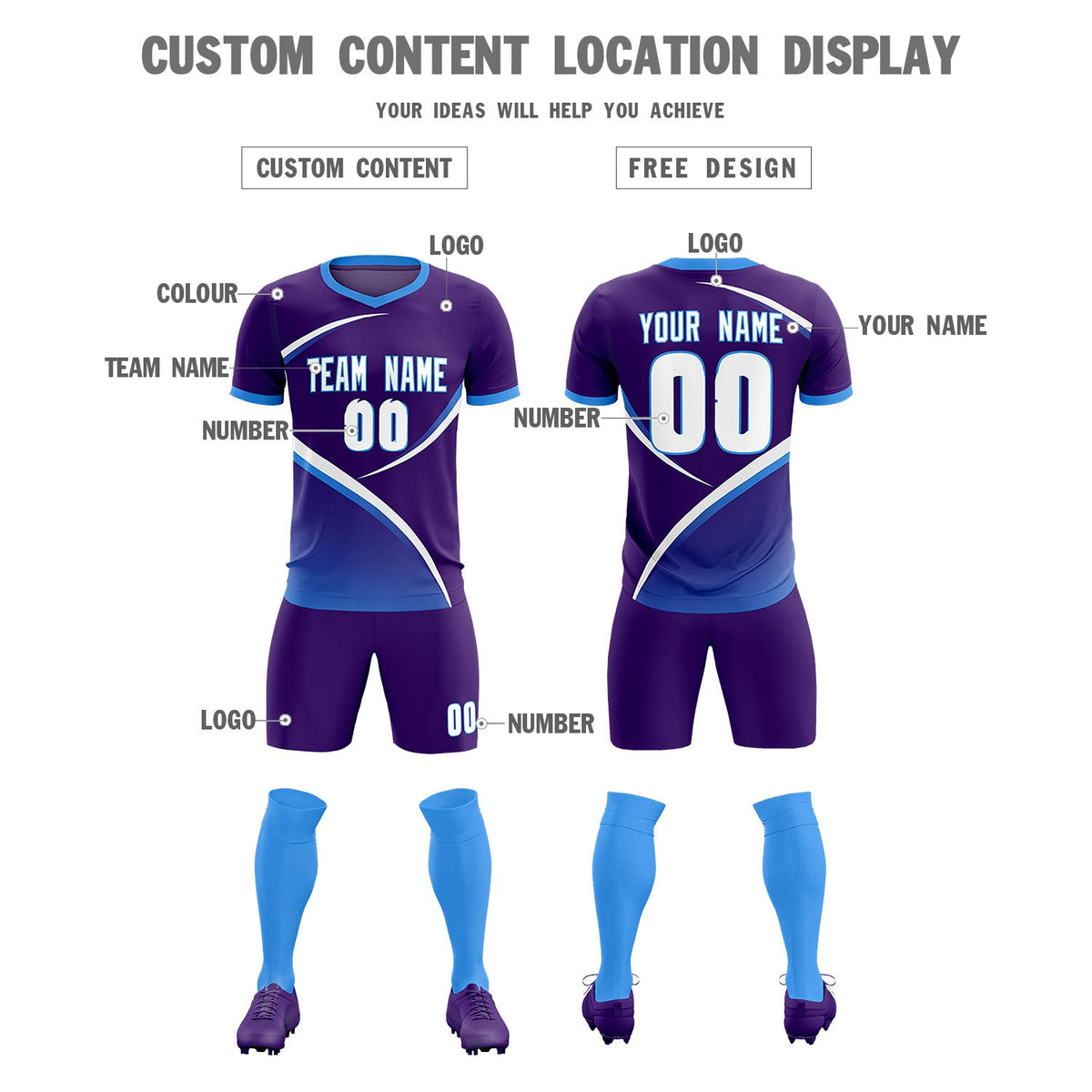 Custom Purple Powder Blue Color Block Training Uniform For Men Soccer Sets Jersey