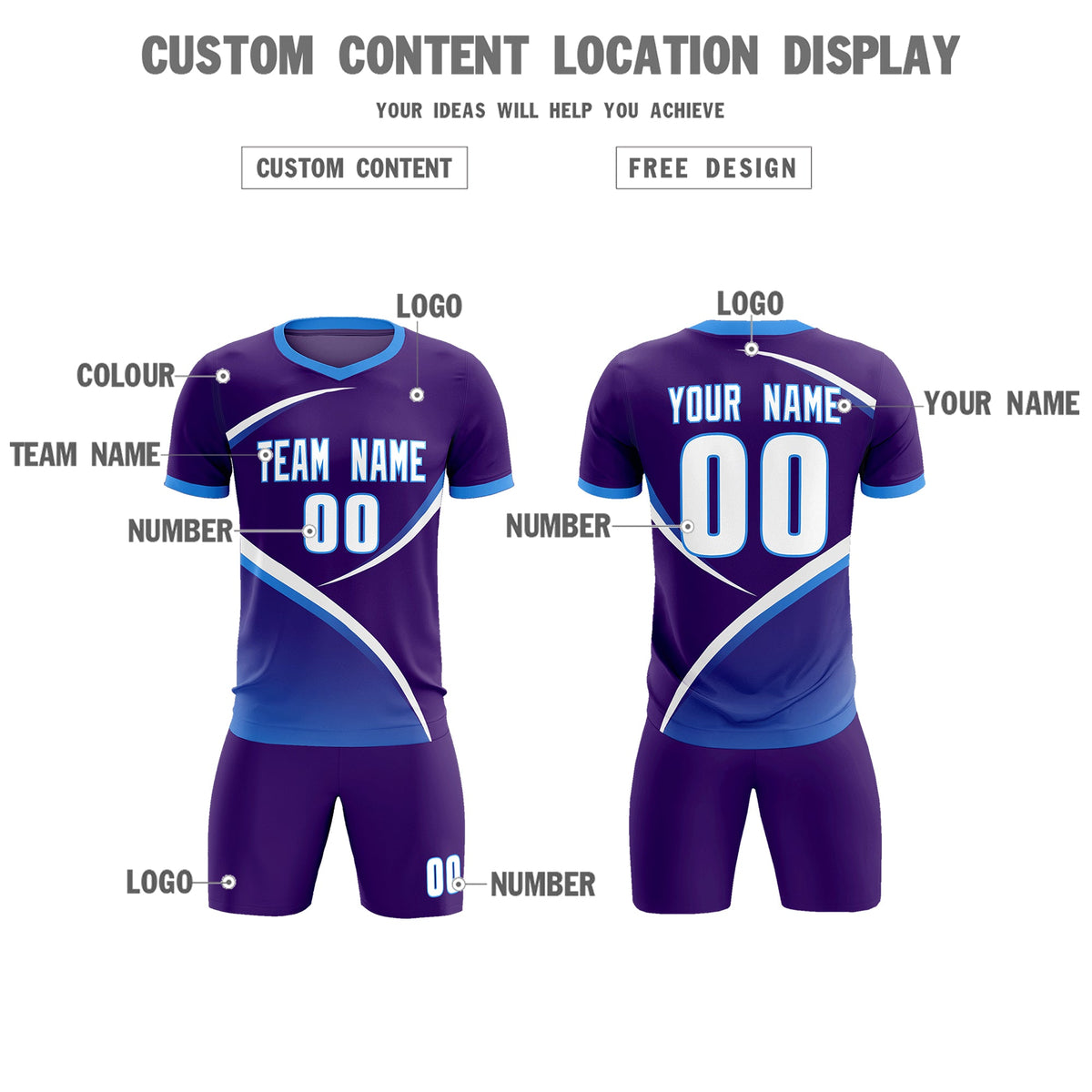 Custom Purple Powder Blue Color Block Training Uniform For Men Soccer Sets Jersey
