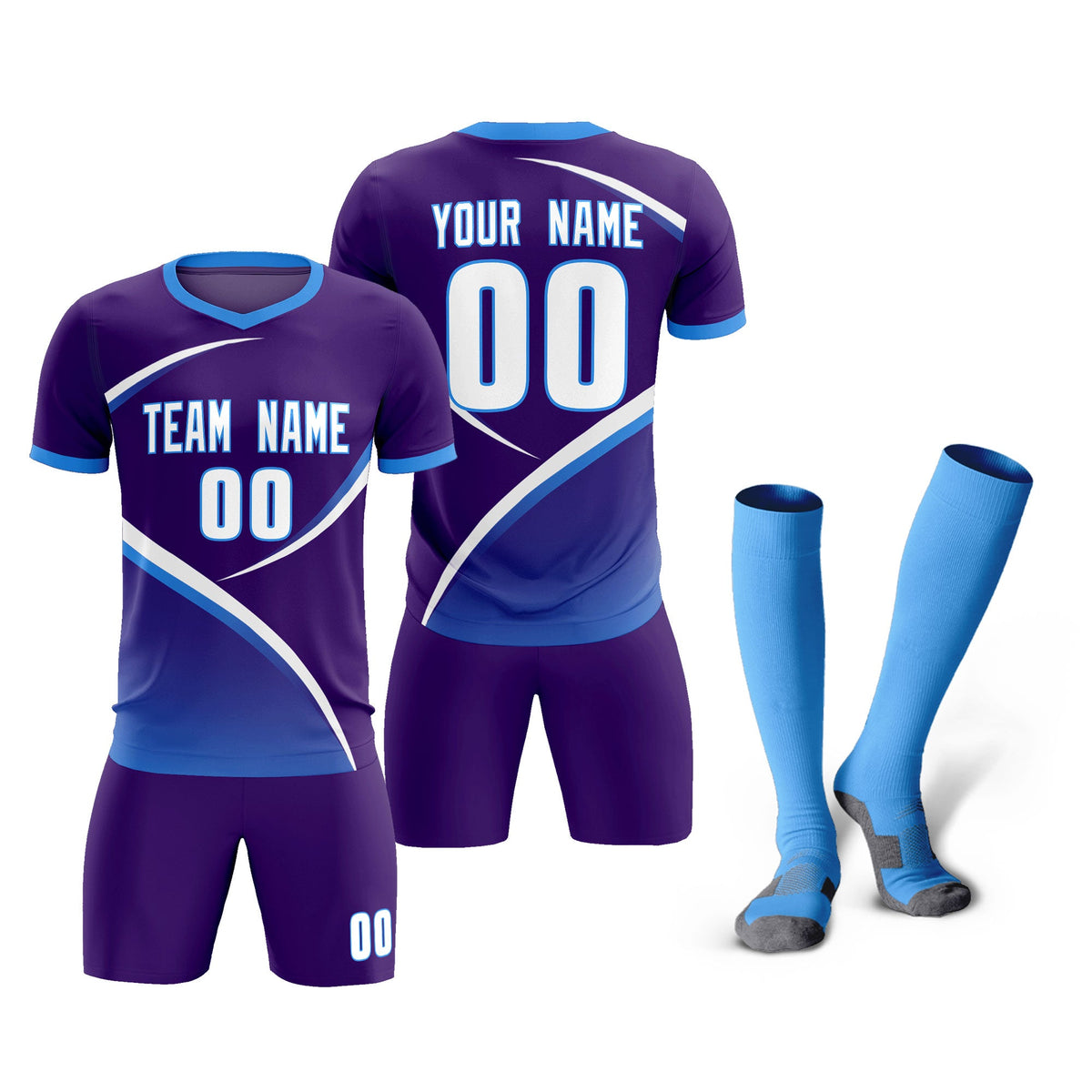 Custom Purple Powder Blue Color Block Training Uniform For Men Soccer Sets Jersey