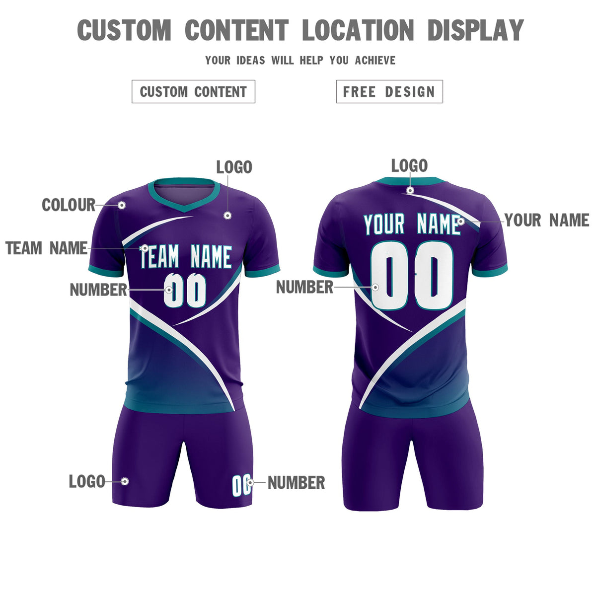 Custom Purple Aqua Color Block Training Uniform For Men Soccer Sets Jersey