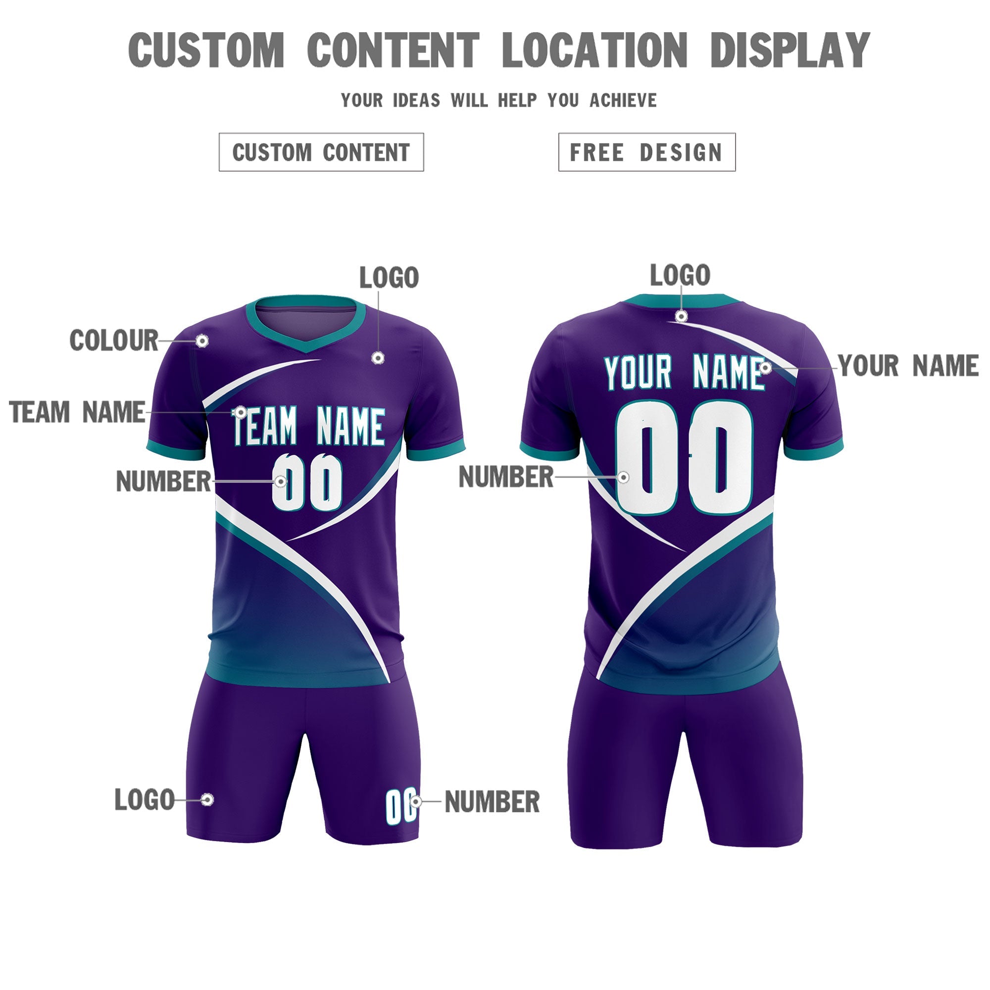 Custom Purple Aqua Color Block Training Uniform For Men Soccer Sets Jersey