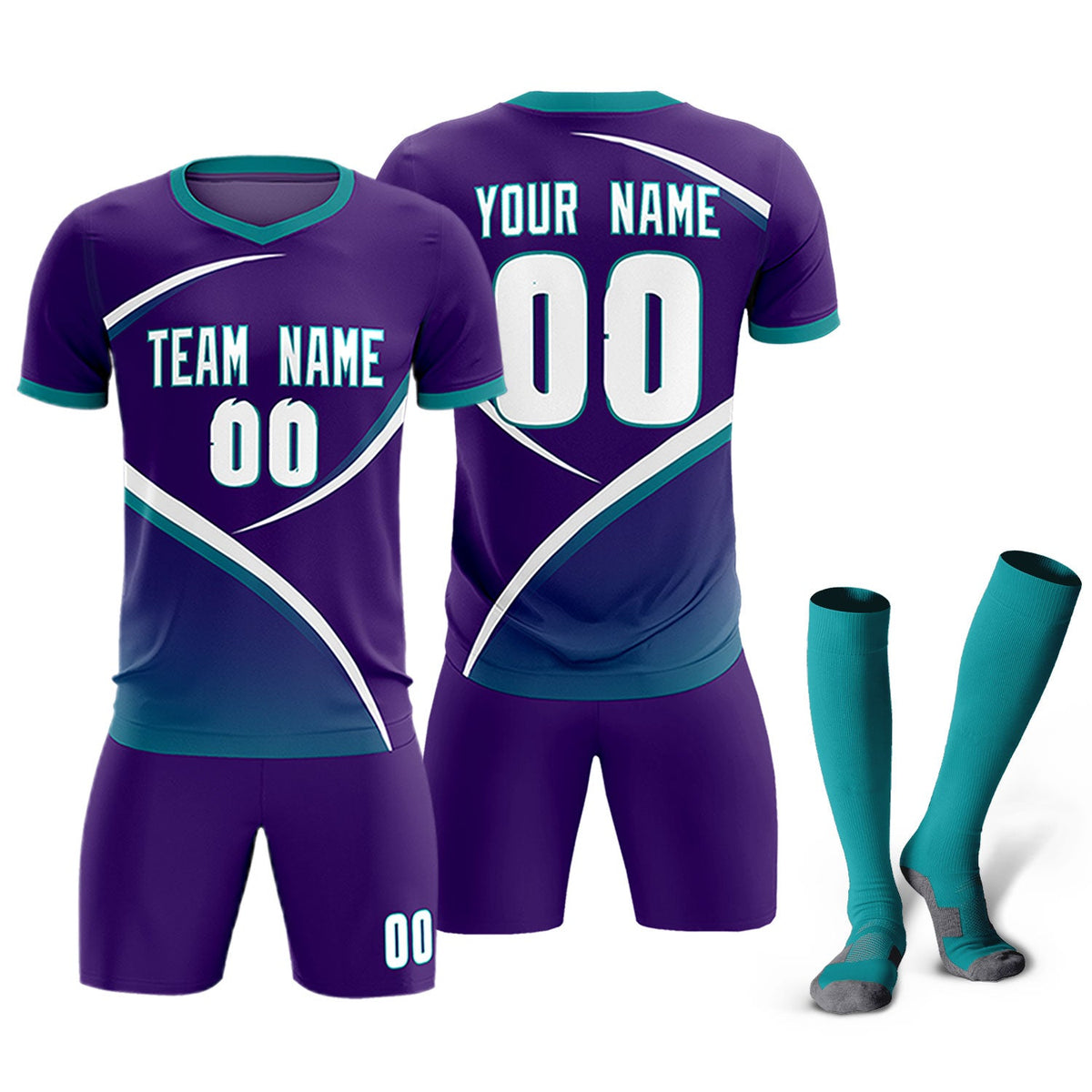 Custom Purple Aqua Color Block Training Uniform For Men Soccer Sets Jersey