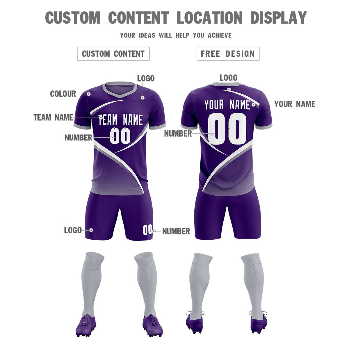 Custom Purple Gray Color Block Training Uniform For Men Soccer Sets Jersey